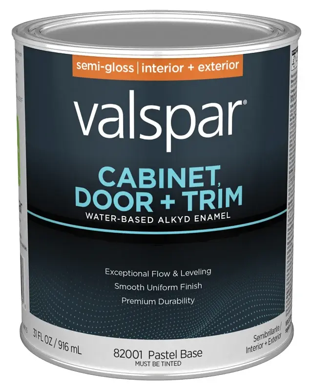 Valspar 8200 028.0082001.008 Cabinet, Door and Trim Paint Enamel, Water Base, Semi-Gloss Sheen, Pastel Base, 5 gal