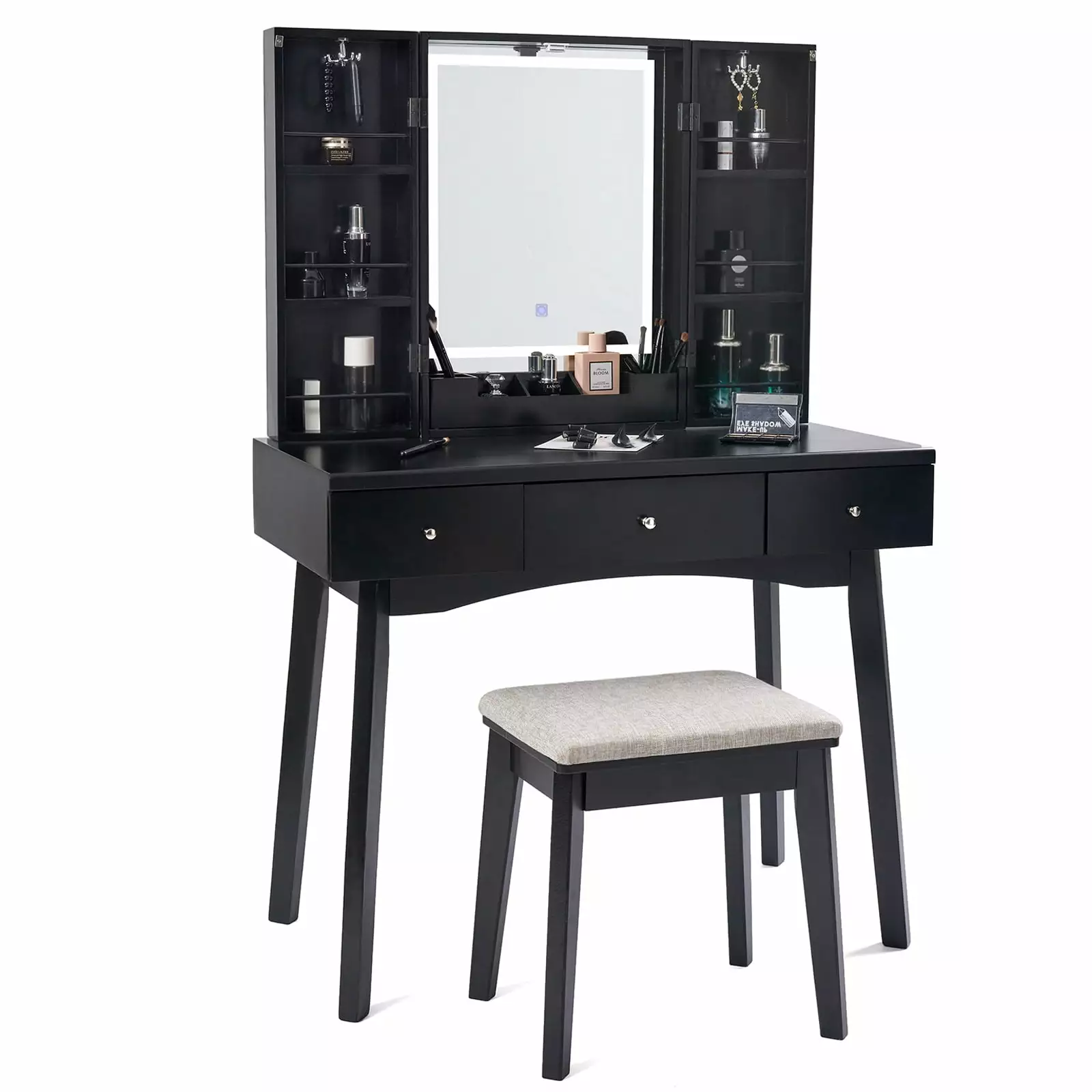 BEWISHOME Makeup Vanity Lights Black Vanity Set 3 Color Lighting Modes Adjustable Brightness Makeup Table Cabinet