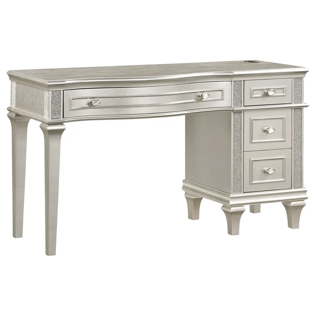 Evangeline 4-drawer Vanity Table Faux Diamond Trim Silver and Ivory Dressing Table