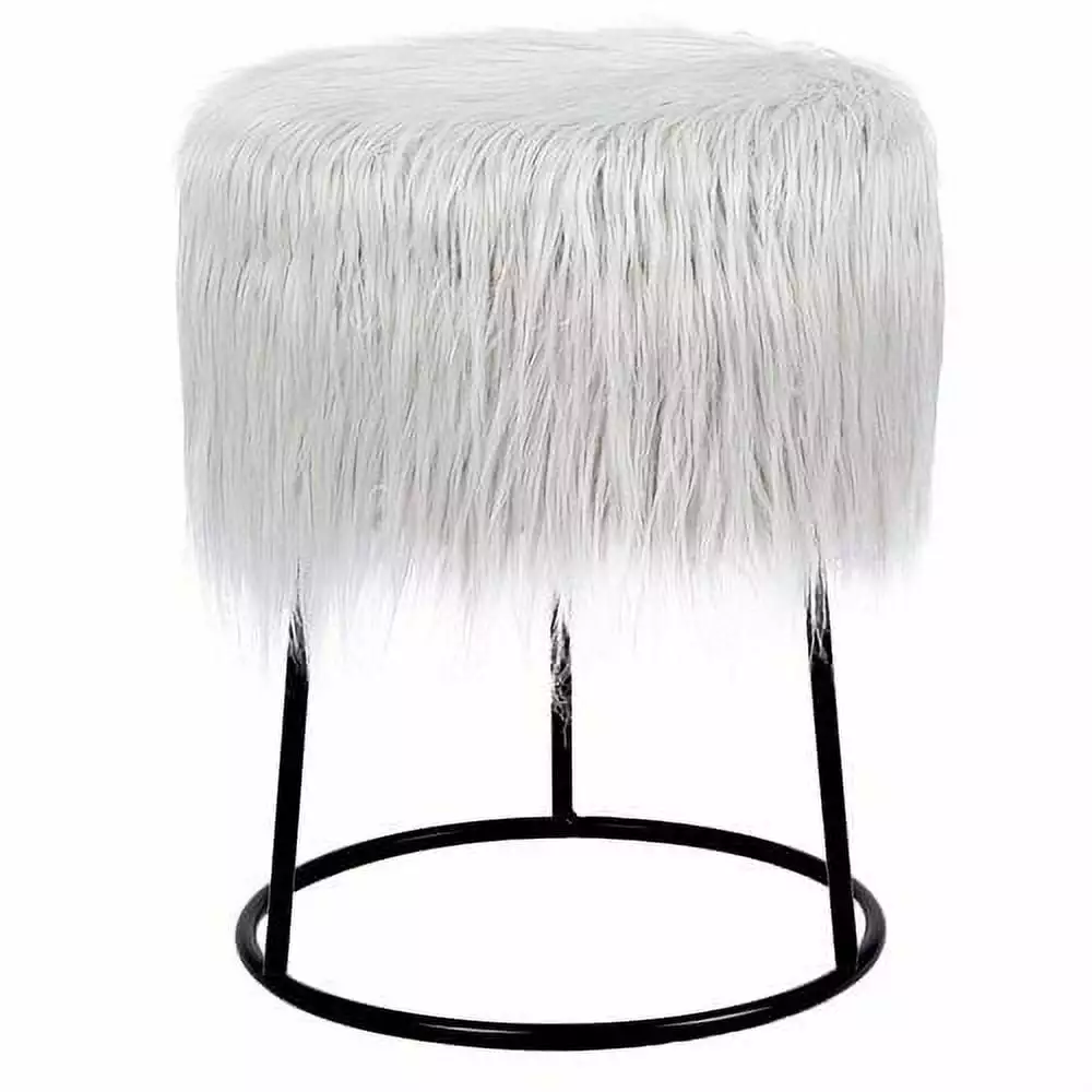 BirdRock Home Round Grey Faux Fur Foot Stool Storage Ottoman Black Legs Vanity Ottomans