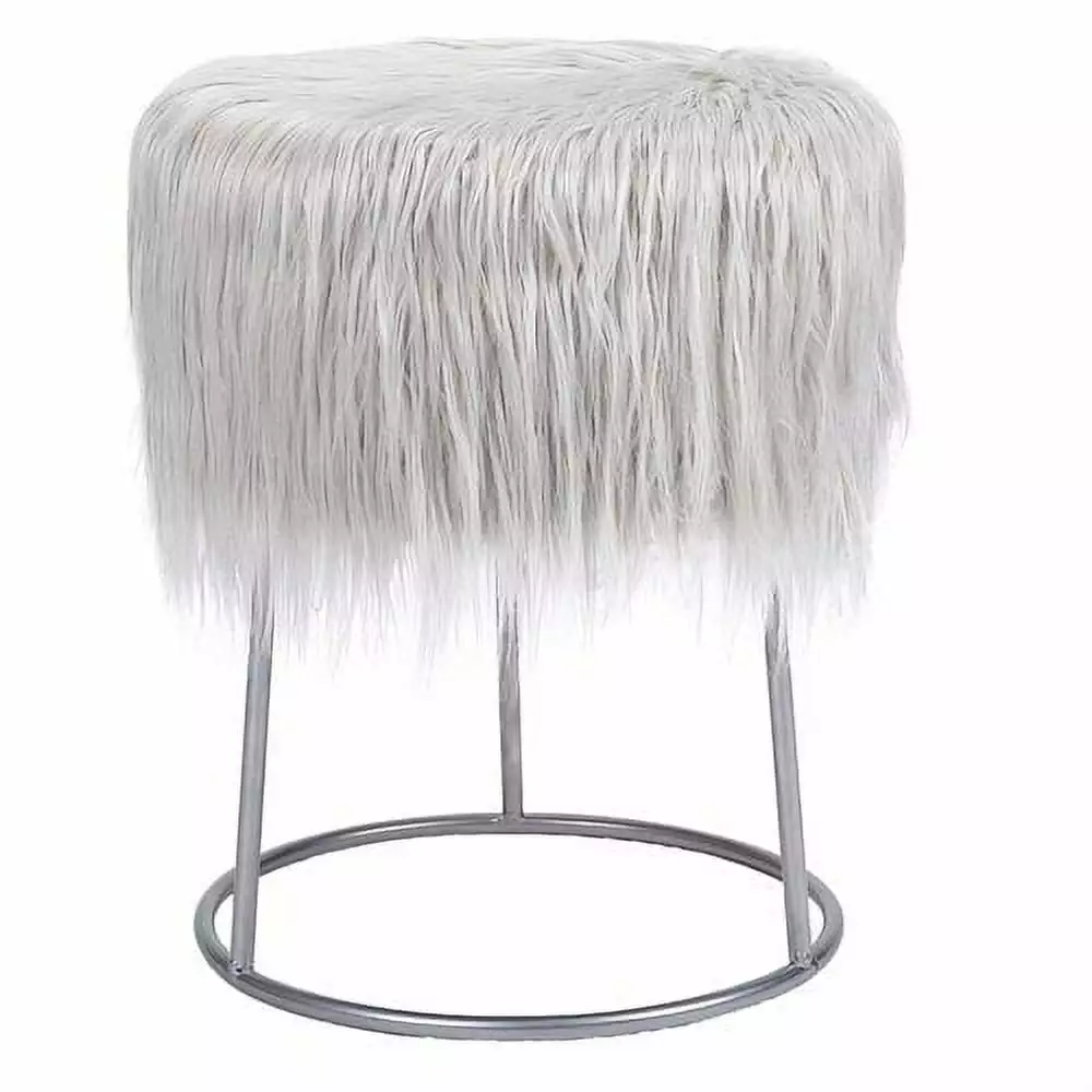 BirdRock Home Round Grey Faux Fur Foot Stool Storage Ottoman Silver Legs Vanity Ottomans