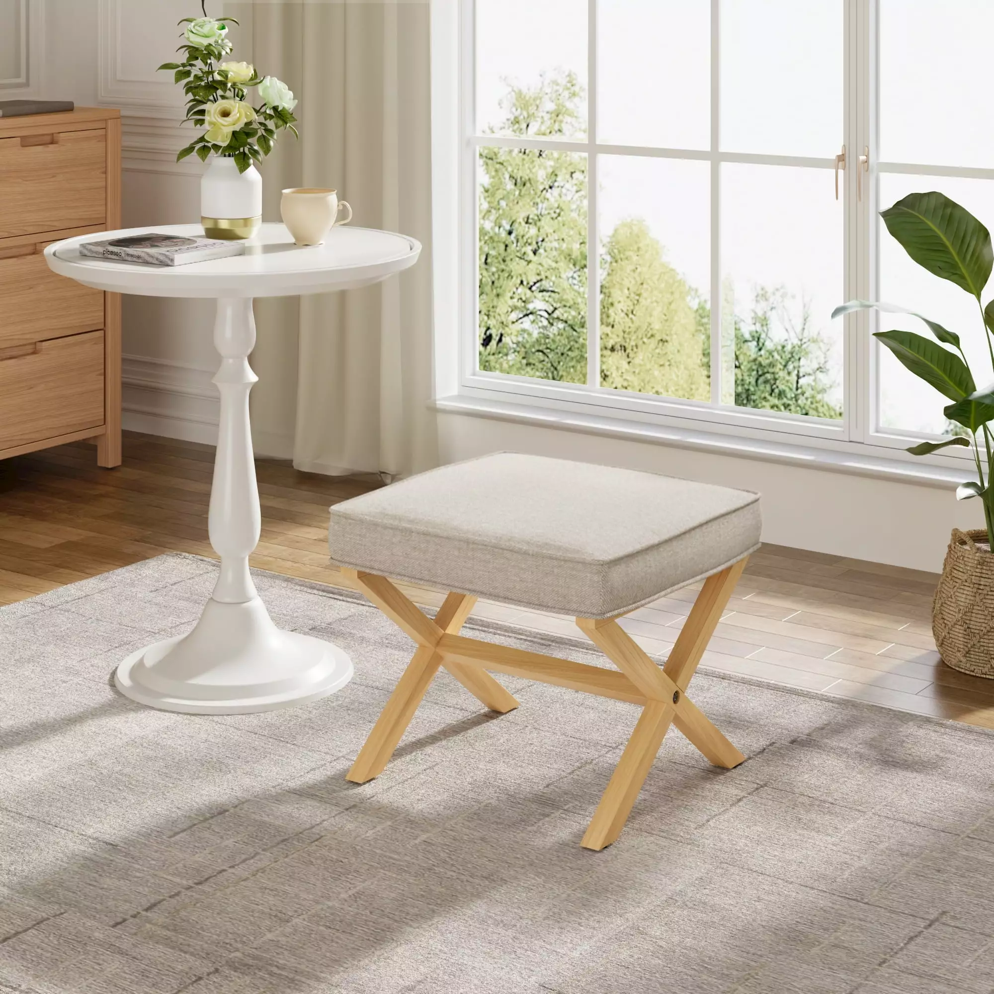 20 Inch Vanity Stool Upholstered Square Ottoman Foot Rest Makeup Room Living Room Solid Wood X Legs Ottomans GAOMON