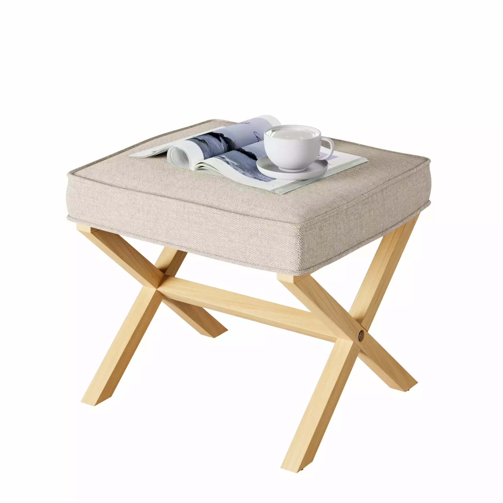 HOSSLLY 20 Inch Vanity Stool Upholstered Square Ottoman Foot Rest Makeup Room Living Room Solid Wood X Legs Ottomans