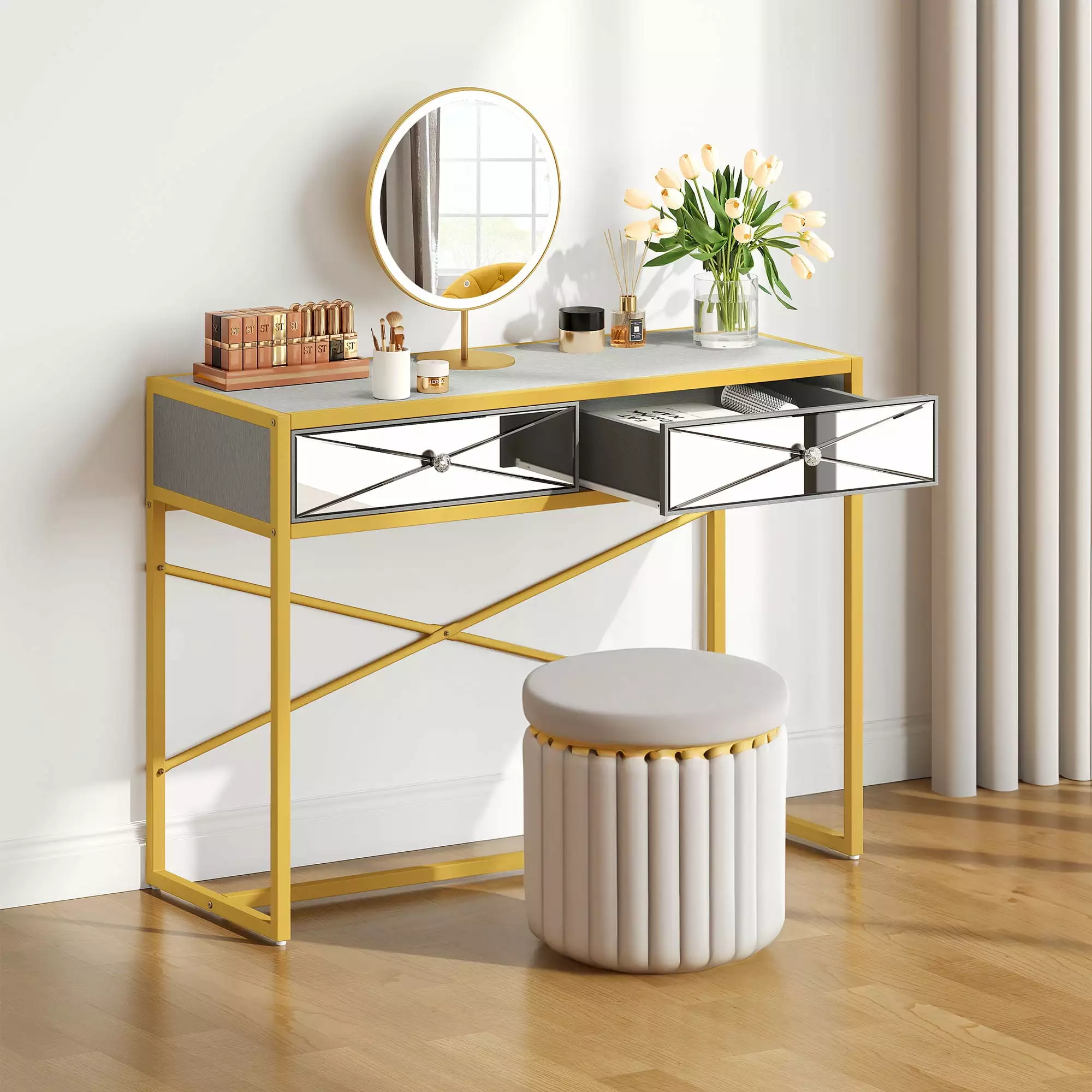 Dextrus Mirrored Console Table 2 Drawers Silver Vanity Desk Sofa Table Bedroom Console