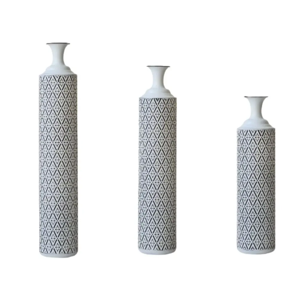 Modern Floor Vase Set Metal Vases Geometric Pattern, 3 Piece Home Decor Set - White / Jet-black