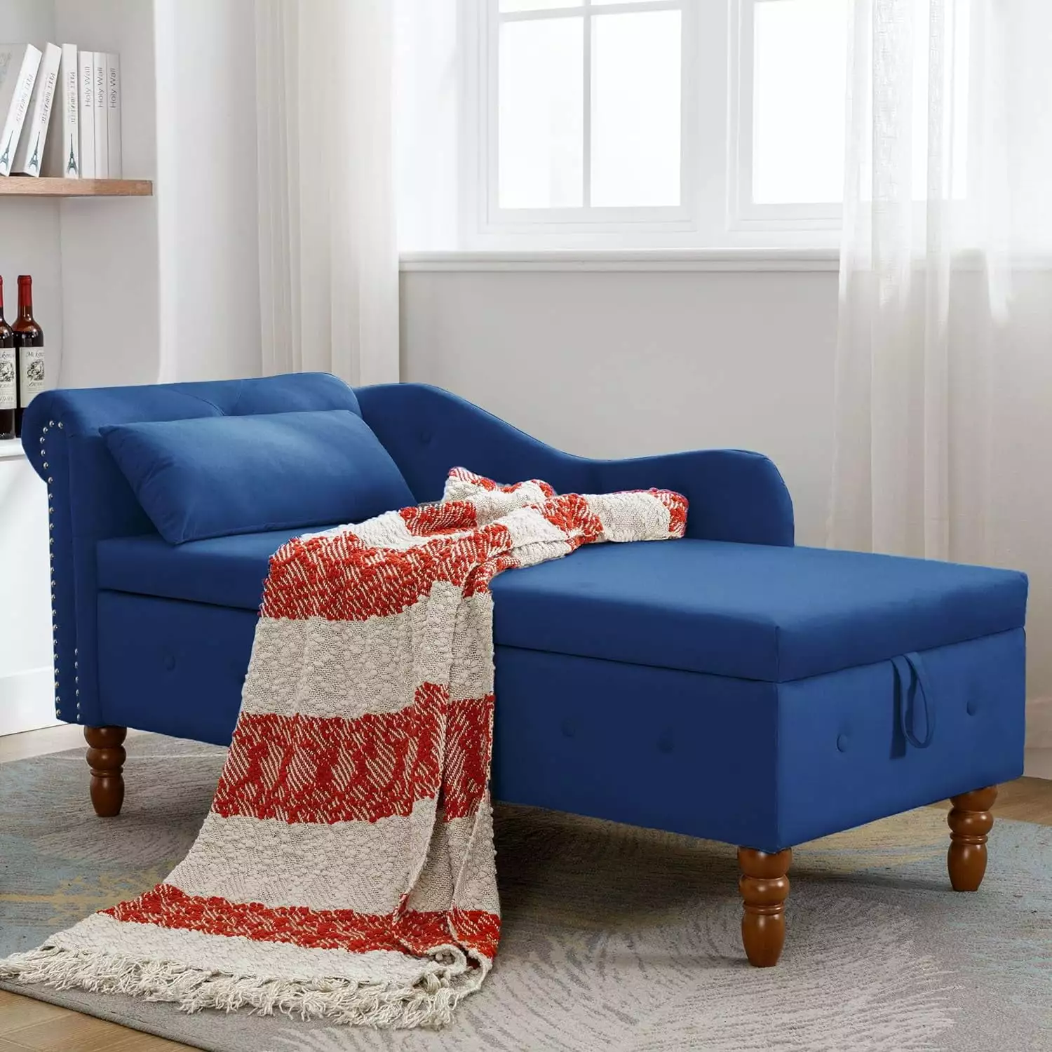 HETAO Chaise Lounge Indoor Velvet Lounge Chair Storage and Pillow Modern Upholstered Navy Blue Chaise