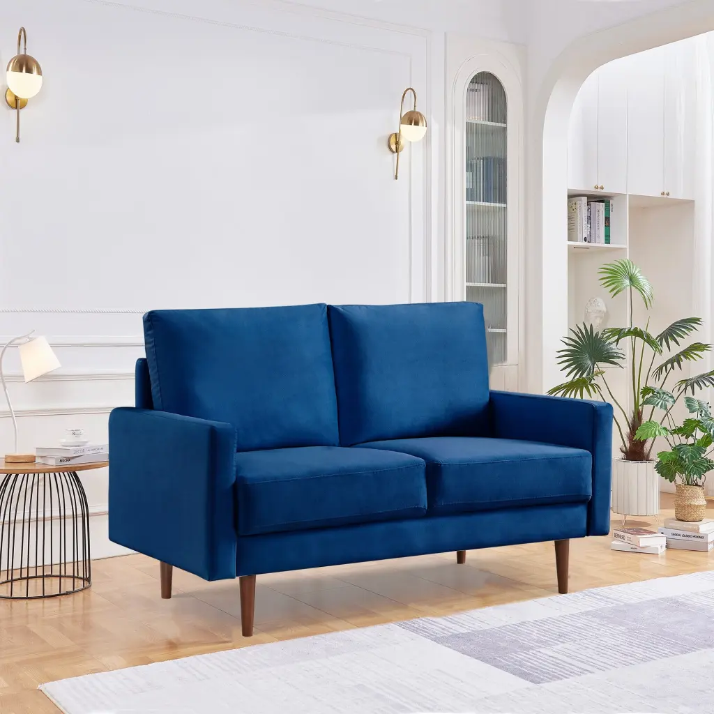 57 Inch Wide Upholstered Two Cushion Loveseat Square Arms Blue Velvet OS Home & Office Furniture