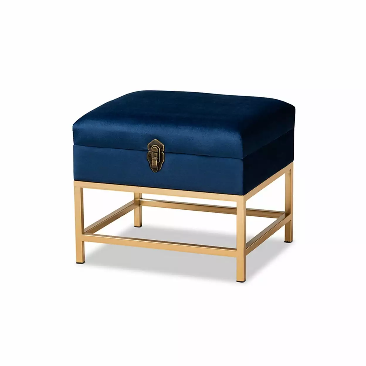 Baxton Studio Aliana Glam Navy Blue Velvet Fabric Upholstered Storage Ottoman Gold Metal Finish Ottomans