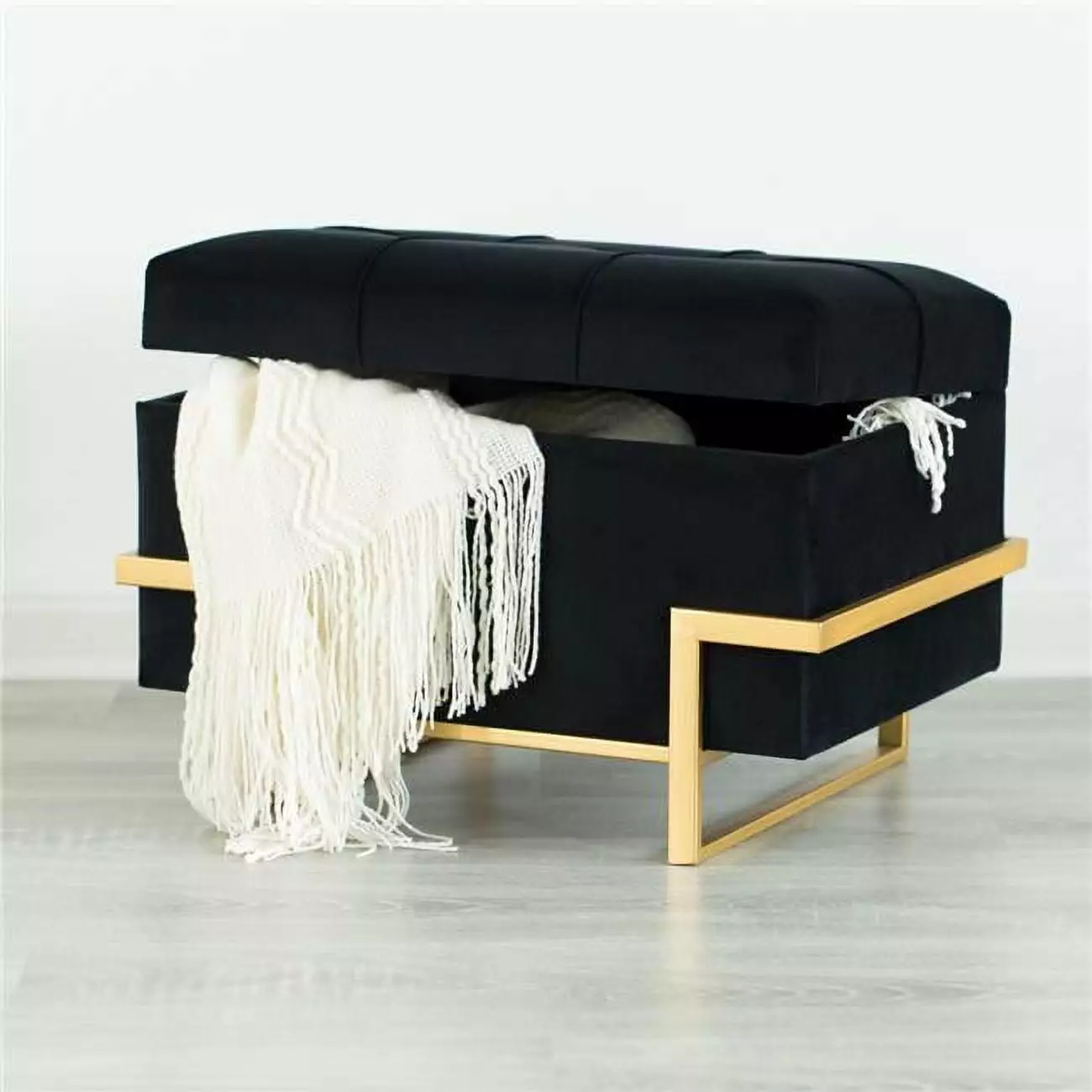 14 x 20 x 14 Inch Black Rectangular Velvet Storage Ottoman Gold Legs Living Room Ottomans KD Americana