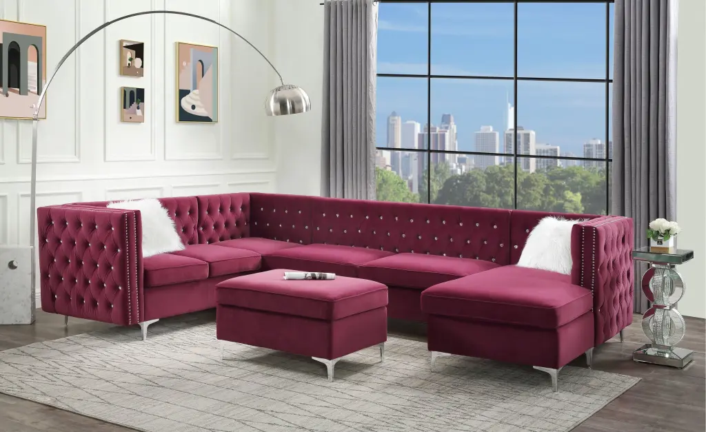 Modern Gray Velvet Sectional Sofa Ottoman Acme Jaszira 57332-5pcs