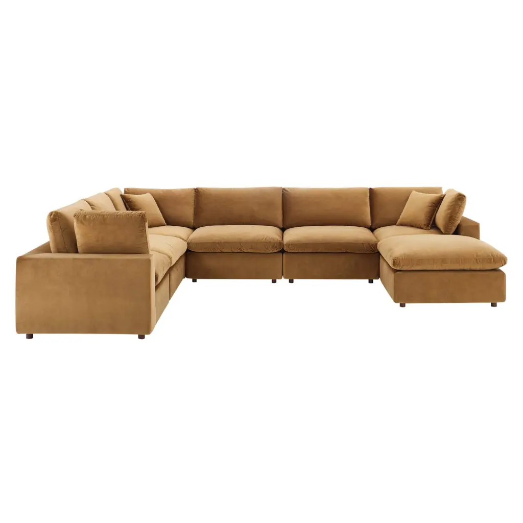 Ergode Commix Down Filled Overstuffed Performance Velvet 7-Piece Sectional Sofa Cognac