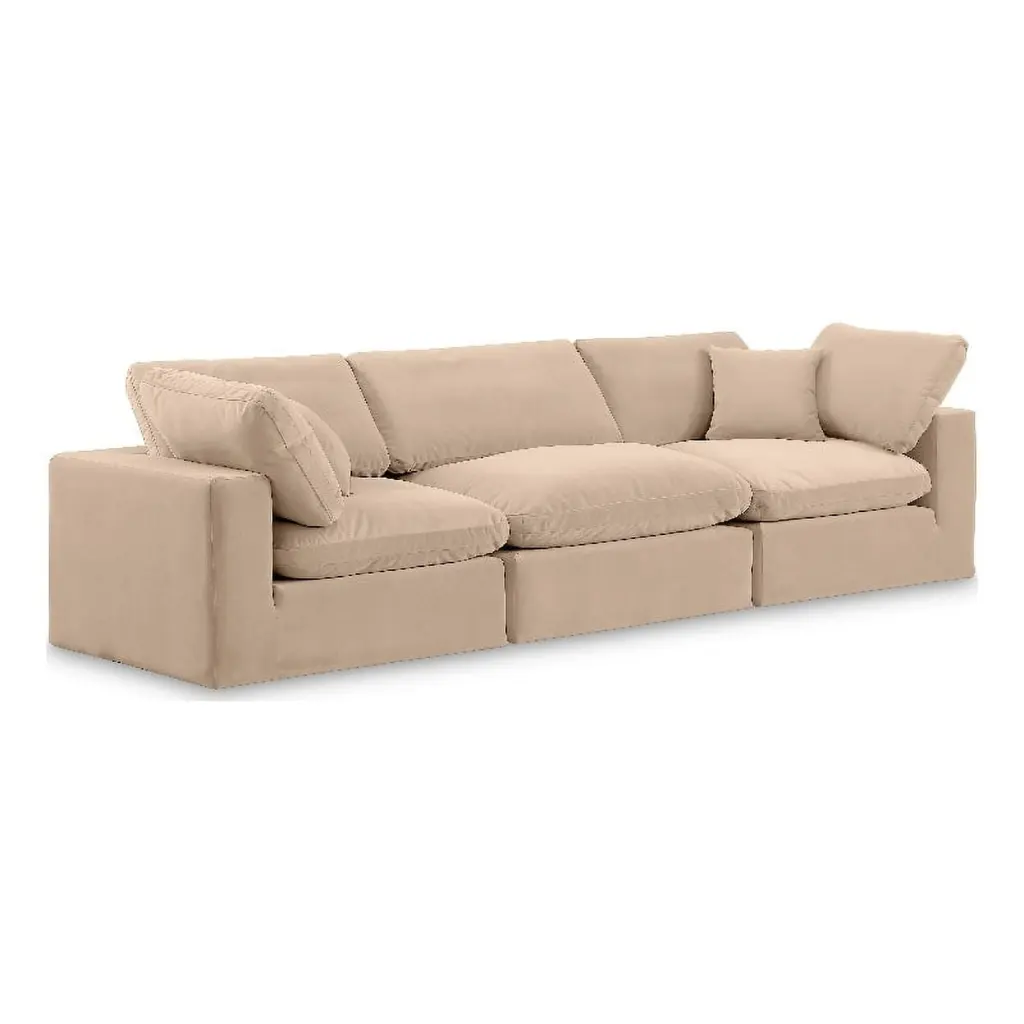 Meridian Furniture Beige Velvet 3-Piece Modular Sofa Comfy Contemporary Living Room Couch