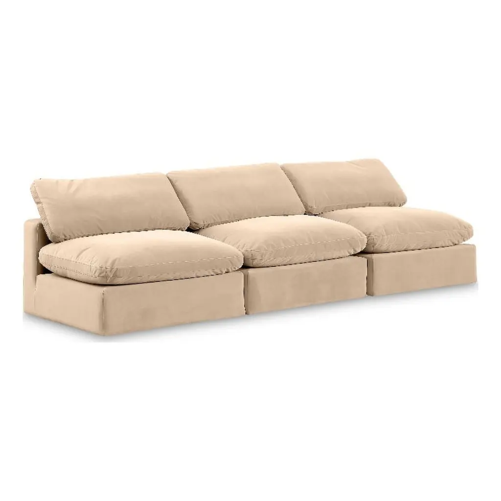 Meridian Furniture Beige Velvet 3-Piece Modular Sofa Comfy Contemporary Living Room Couch