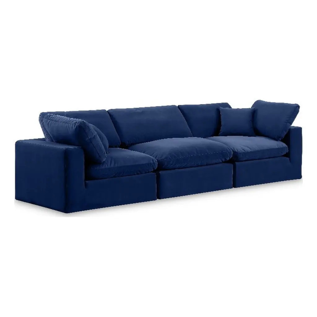 Meridian Furniture Navy Velvet 3-Piece Modular Sofa Comfy Contemporary Living Room Couch