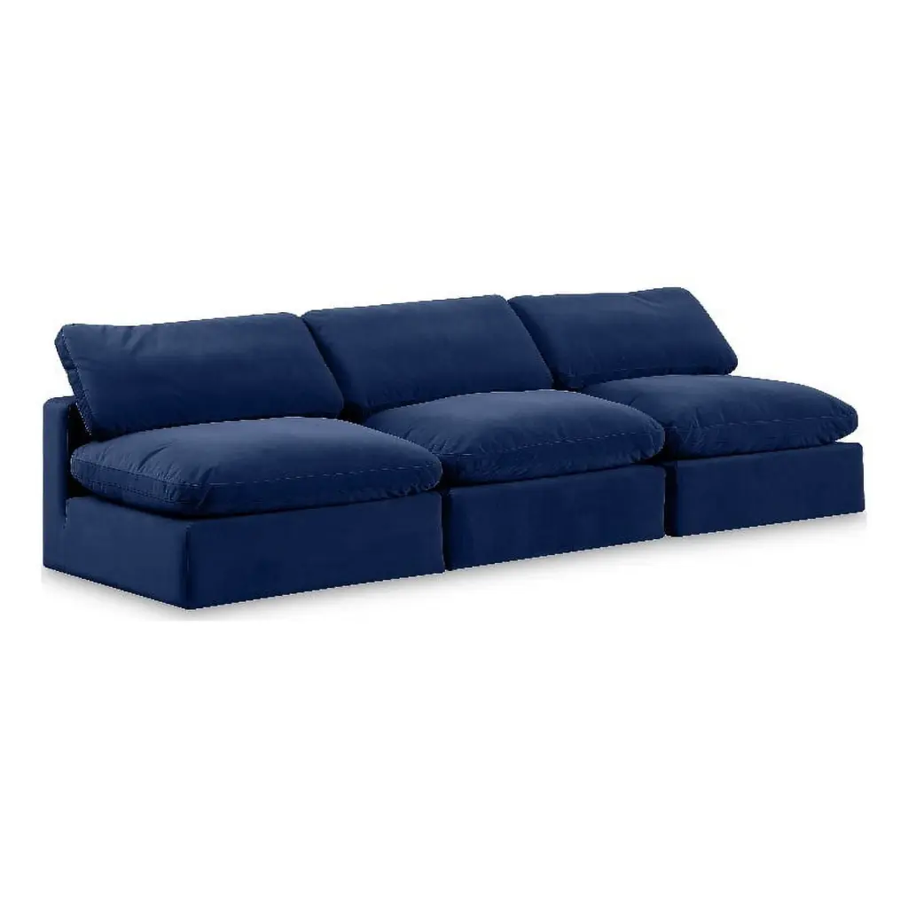 Meridian Furniture Navy Velvet 3-Piece Modular Sofa Comfy Contemporary Living Room Couch