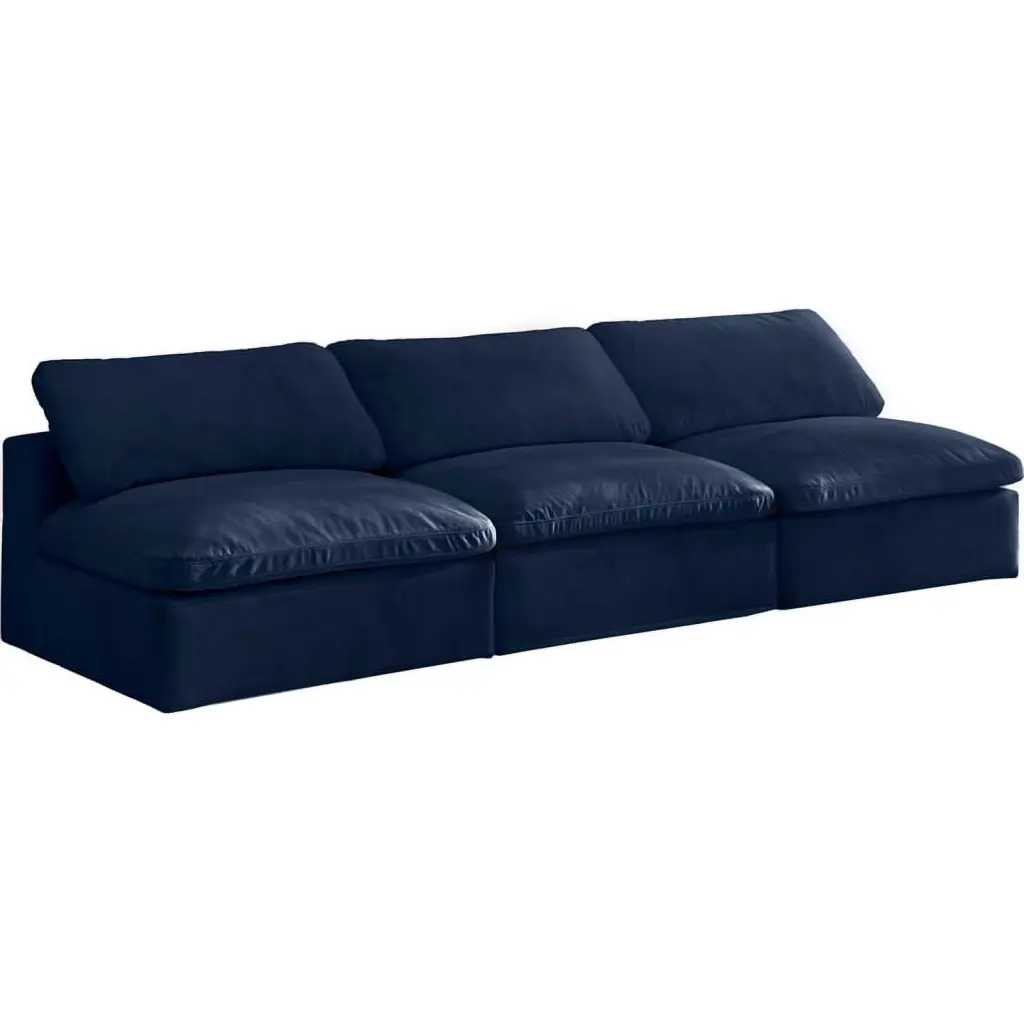 Meridian Furniture Navy Velvet Modular 3-Piece Armless Sofa Cozy Contemporary Living Room Couch