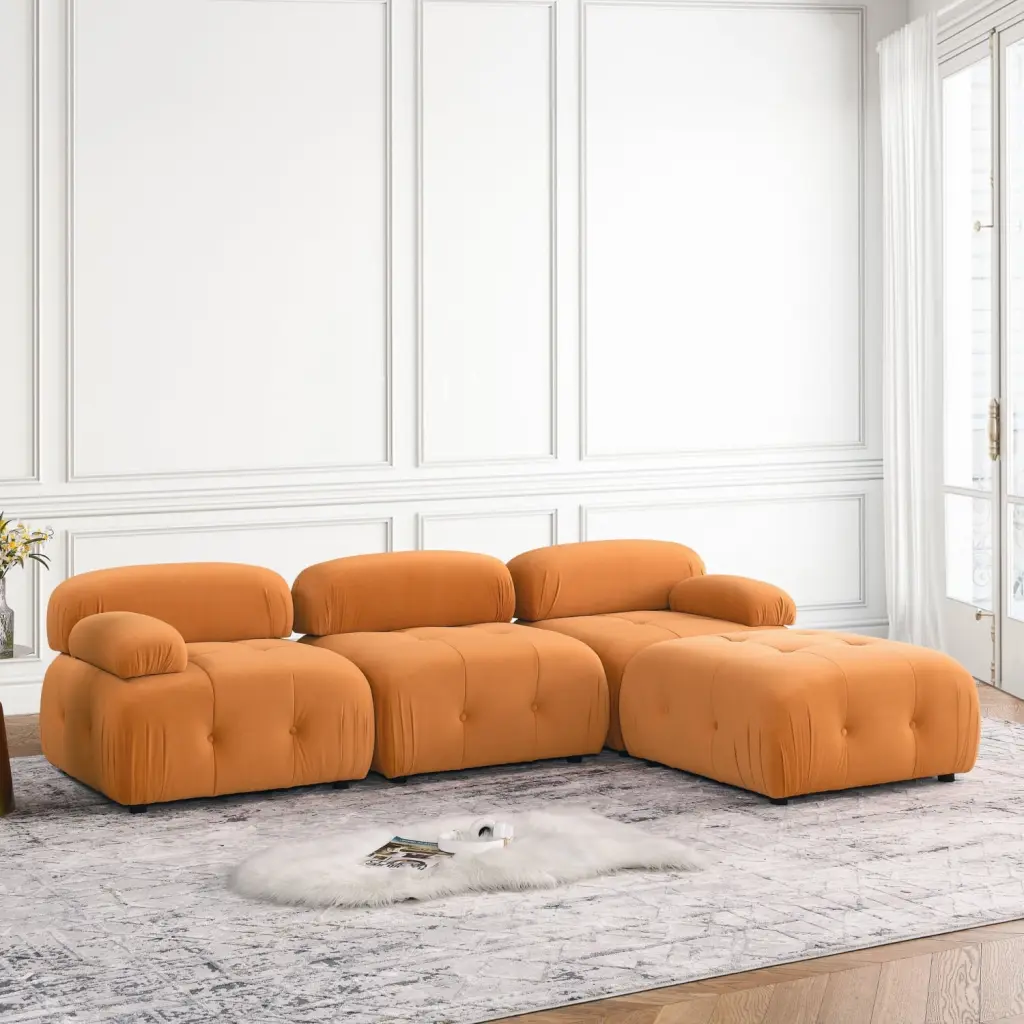Modular Sectional Sofa Reversible Ottoman Vibrant Orange Velvet L-Shaped Couch Ponnky