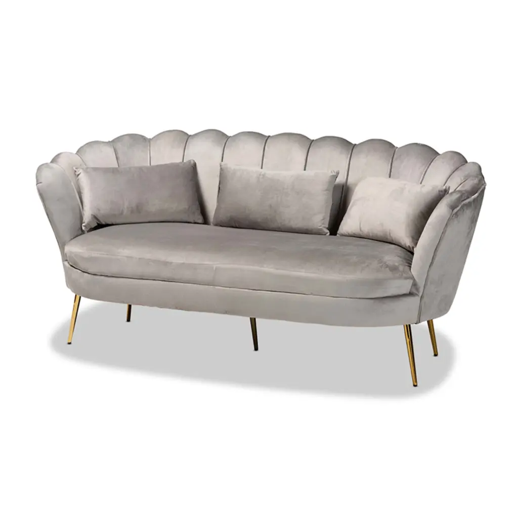 Baxton Studio Genia Gray Velvet Fabric Sofa Gold Metal Legs Modern Luxury Living Room Couch