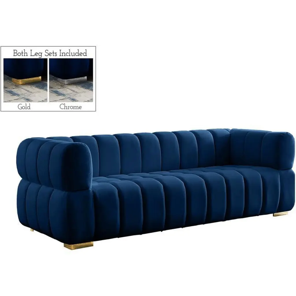 Maklaine Contemporary Deep Biscuit Tufted Soft Rich Navy Velvet Sofa