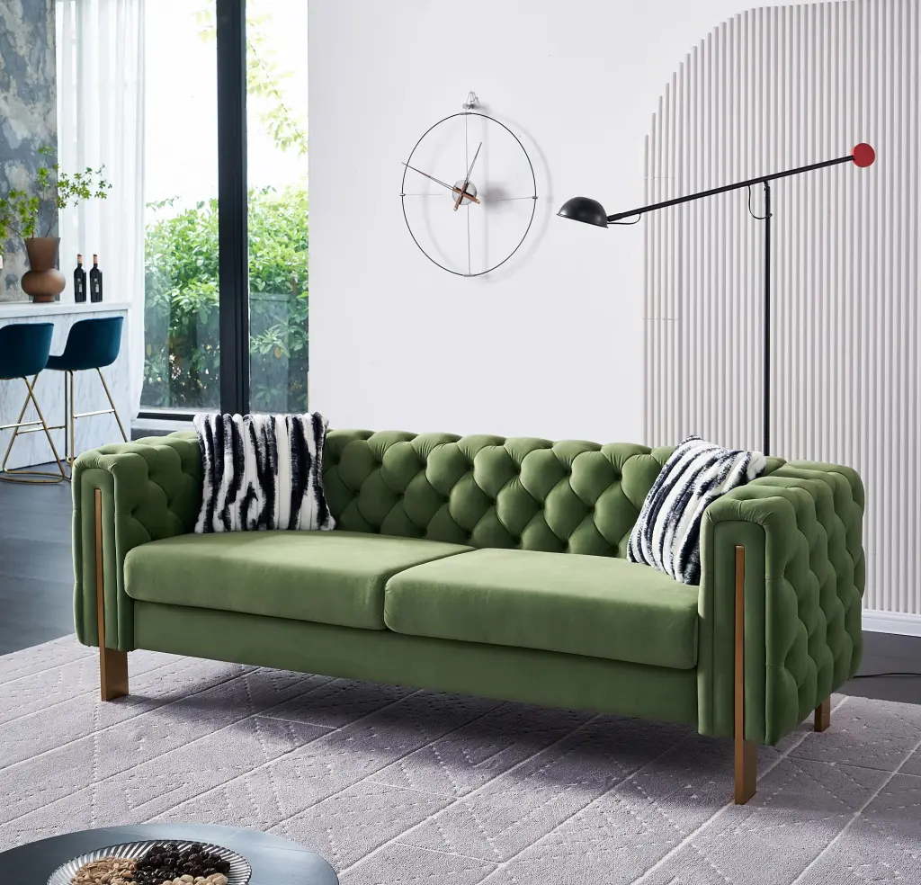 84 Inch Comfy Tufted Velvet Sofa Living Room 2 Pillows Green Waytrim