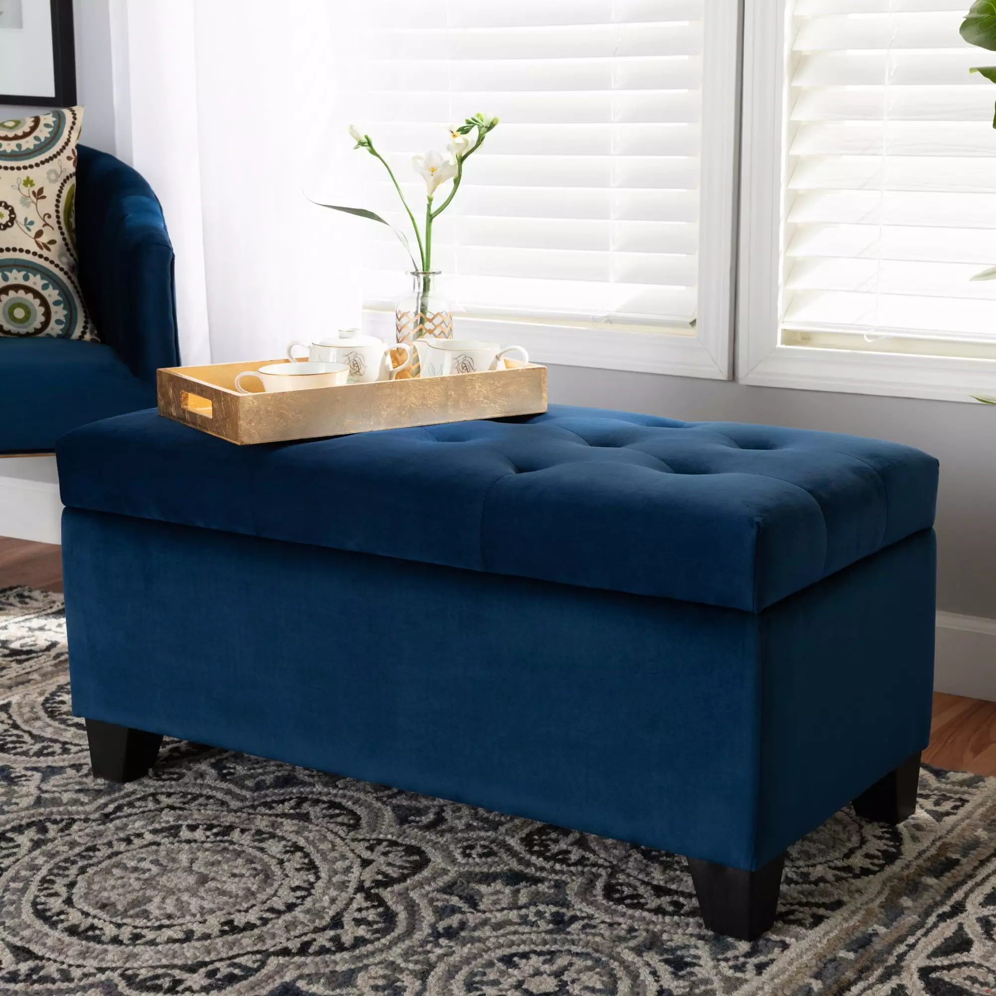Baxton Studio Michaela Navy Blue Velvet Fabric Upholstered Storage Ottoman Modern Ottomans