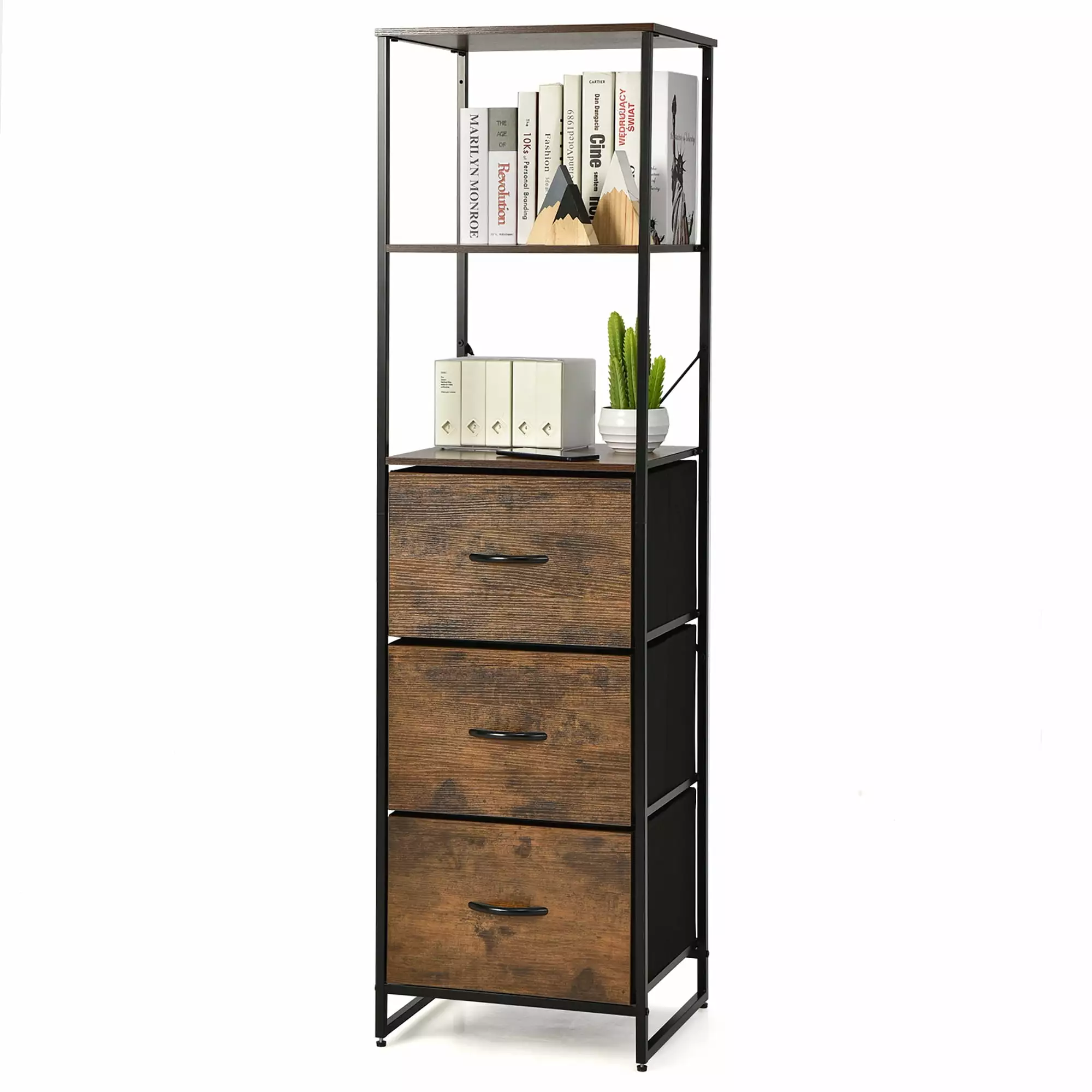 Costway Vertical 3 Drawer Dresser 3 Shelves Tall Storage Tower Chest Freestanding