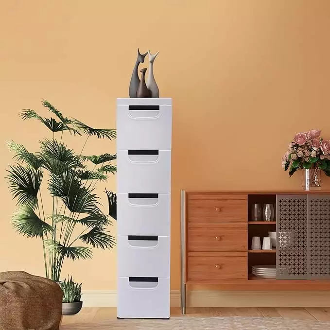 MIDODO Narrow 5-Drawer Plastic Vertical Storage Dresser Slim Chest Bedroom