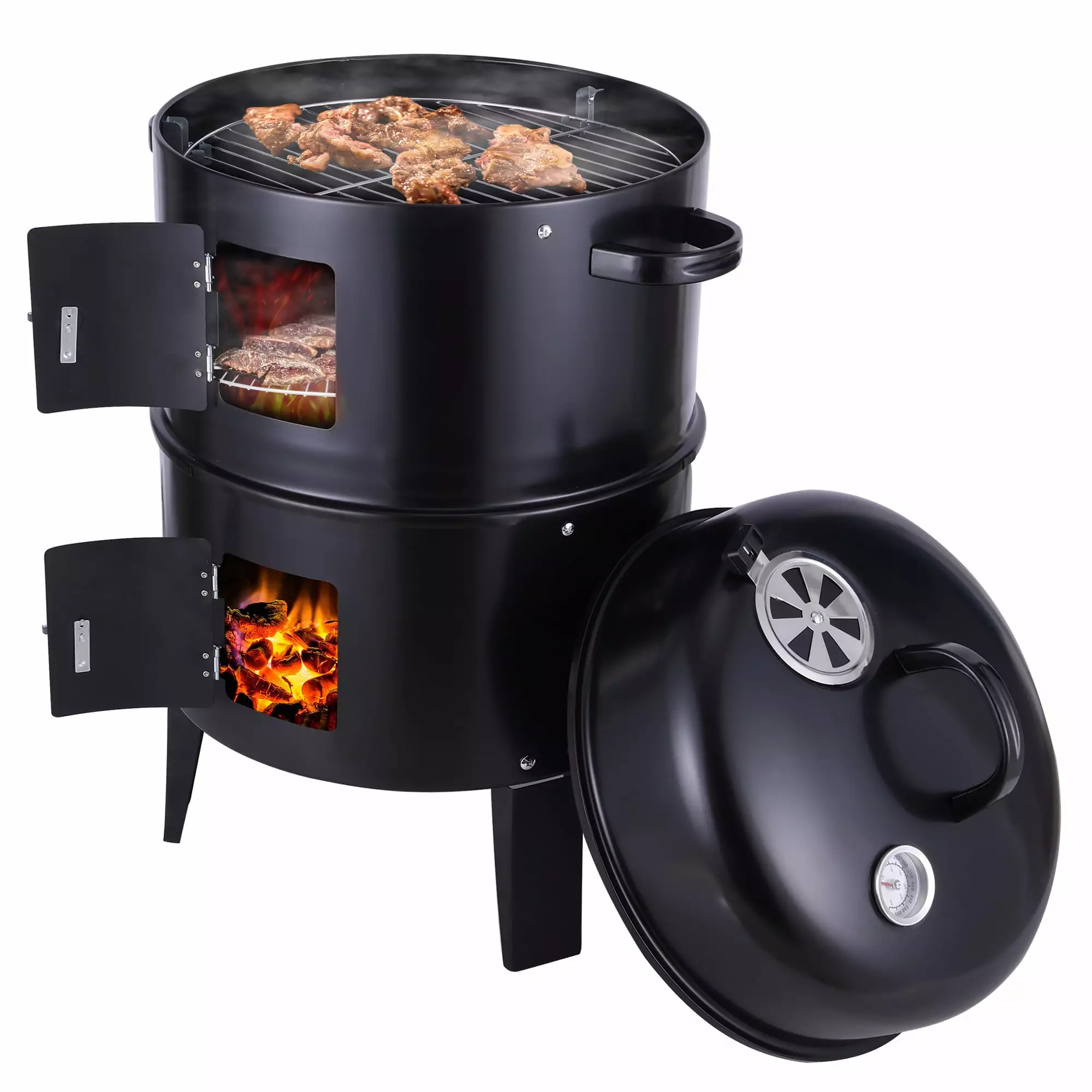 32 Charcoal Smoker BBQ Grill Outdoor Black Vertical Smoke Travel-friendly Meat Cooker Aligoa