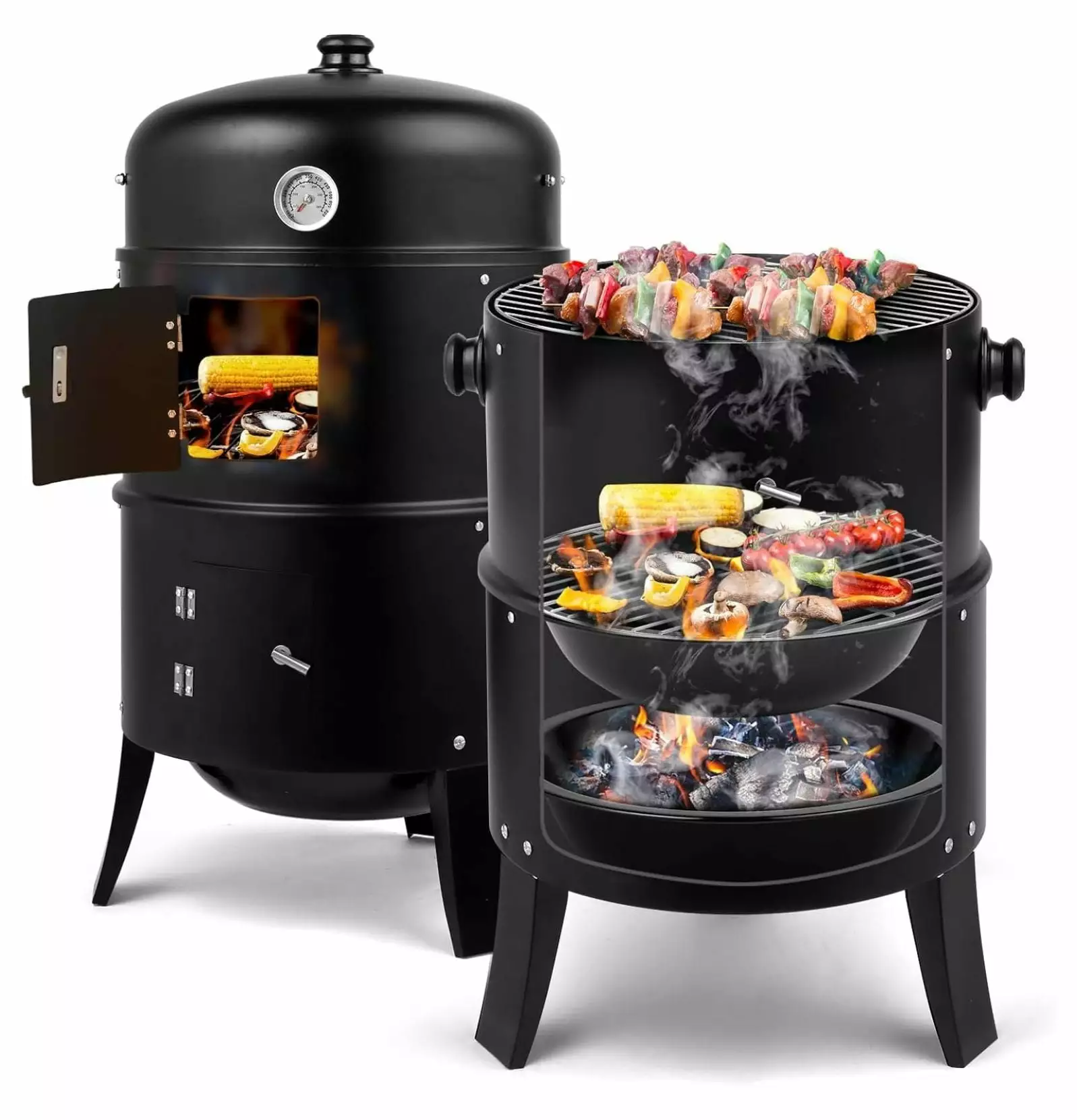 Yunhoutilize Vertical 17 Inch Charcoal BBQ Smoker 3--1 Travel-friendly Outdoor Grill Cooker Built- Thermometer Outdoor Bac...