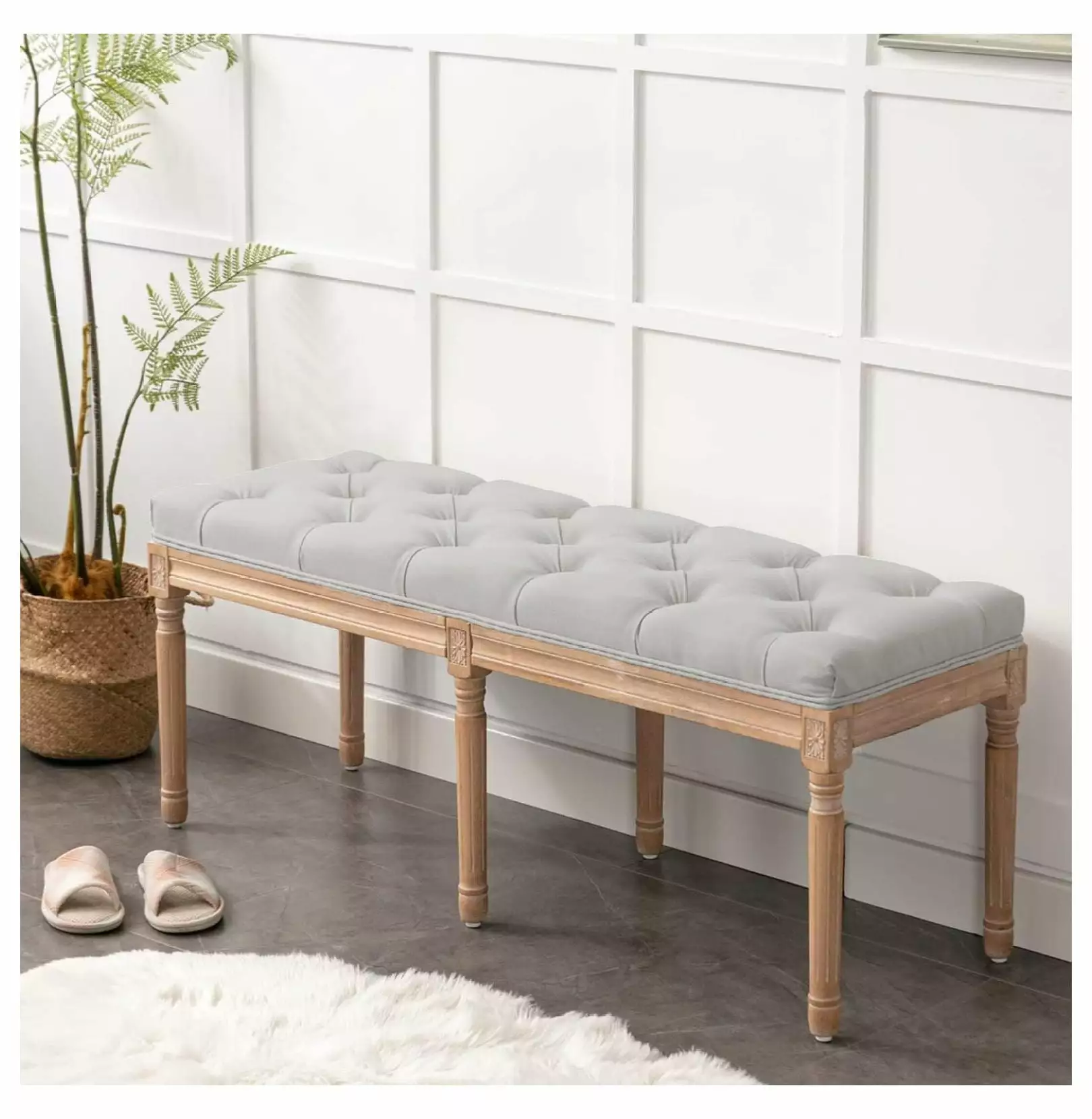 YOSITiuu 47 Inch Tufted French Vintage Upholstered Bench Bedroom Dining Living Room Entryway Gray Benches