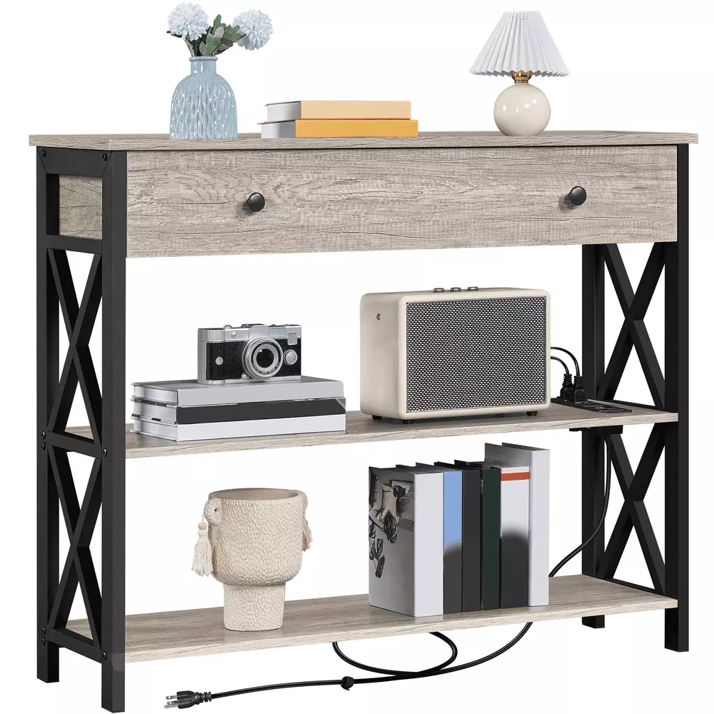 Topeakmart Vintage Wooden Console Table Power Outlet Gray Living Room Entryway Table Console