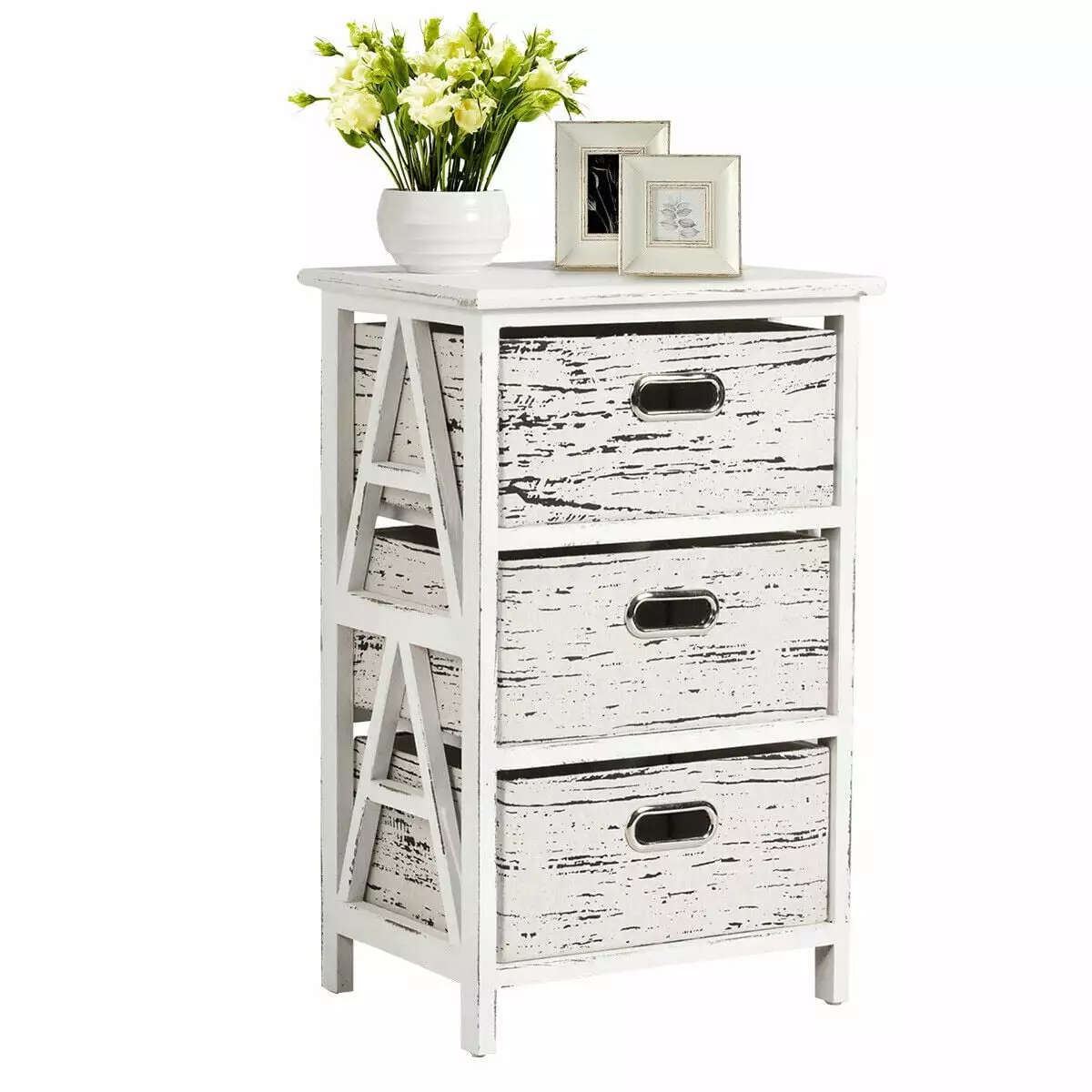 Gymax Chest 3 Fabric Drawers Vintage Wood Frame End Table Side Sofa Table Nightstand