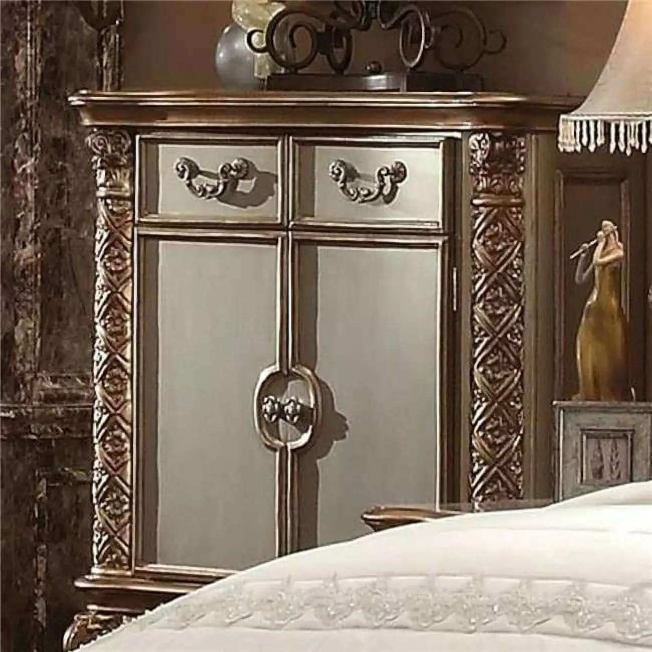 Benzara Wooden Chest Scrolled Poster Legs Gold and Bone White - Vintage Storage Dresser