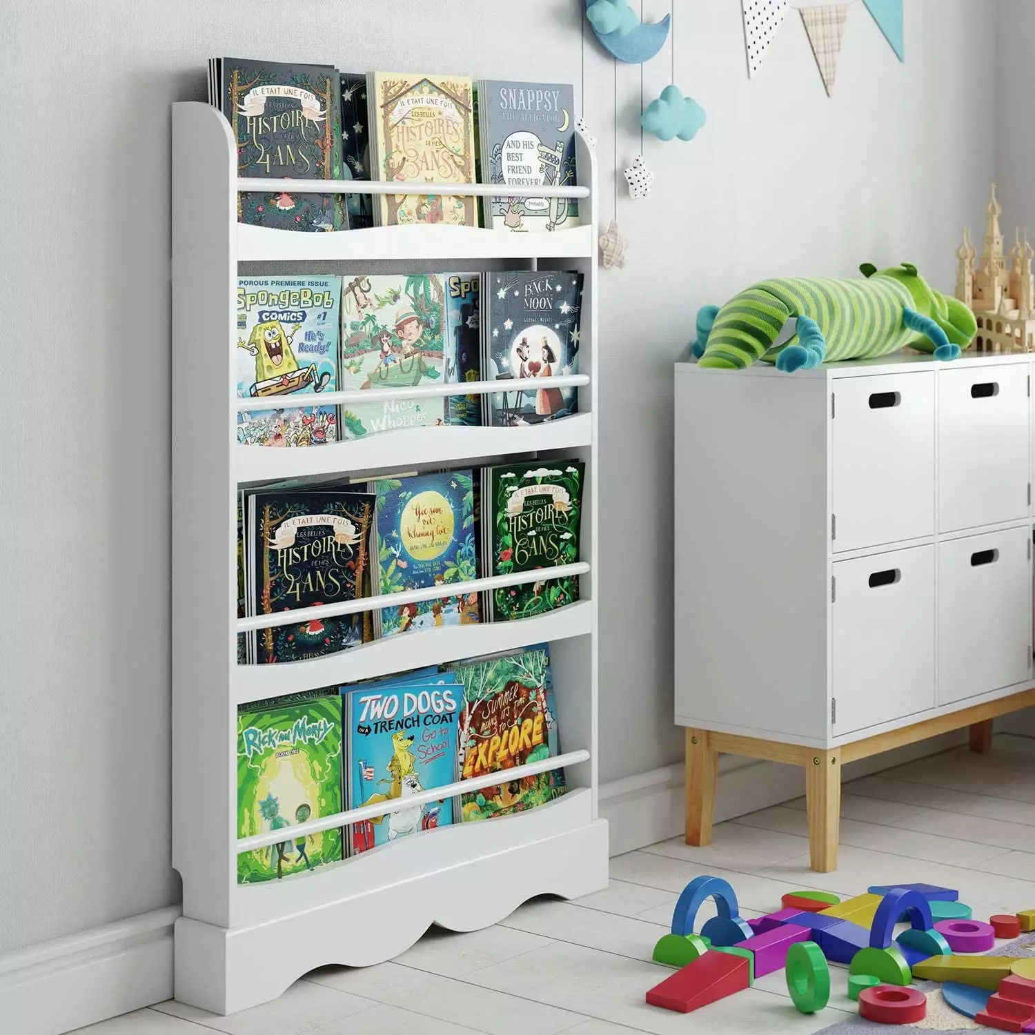 Homfa 4-Tier Kids Bookshelf Wall Mounted Bookcase Rack Children Study Living Room Bedroom White Finish