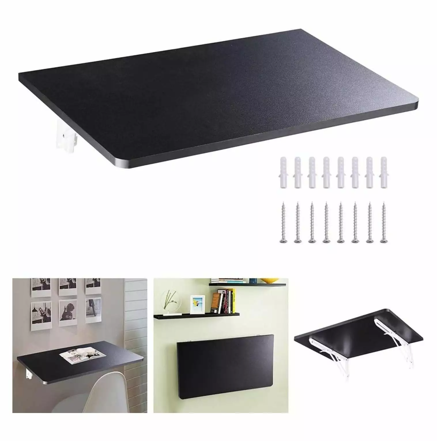 BULYAXIA Wall Mounted Floating Folding Desk Black 24x16 50lbs Weight Capacity