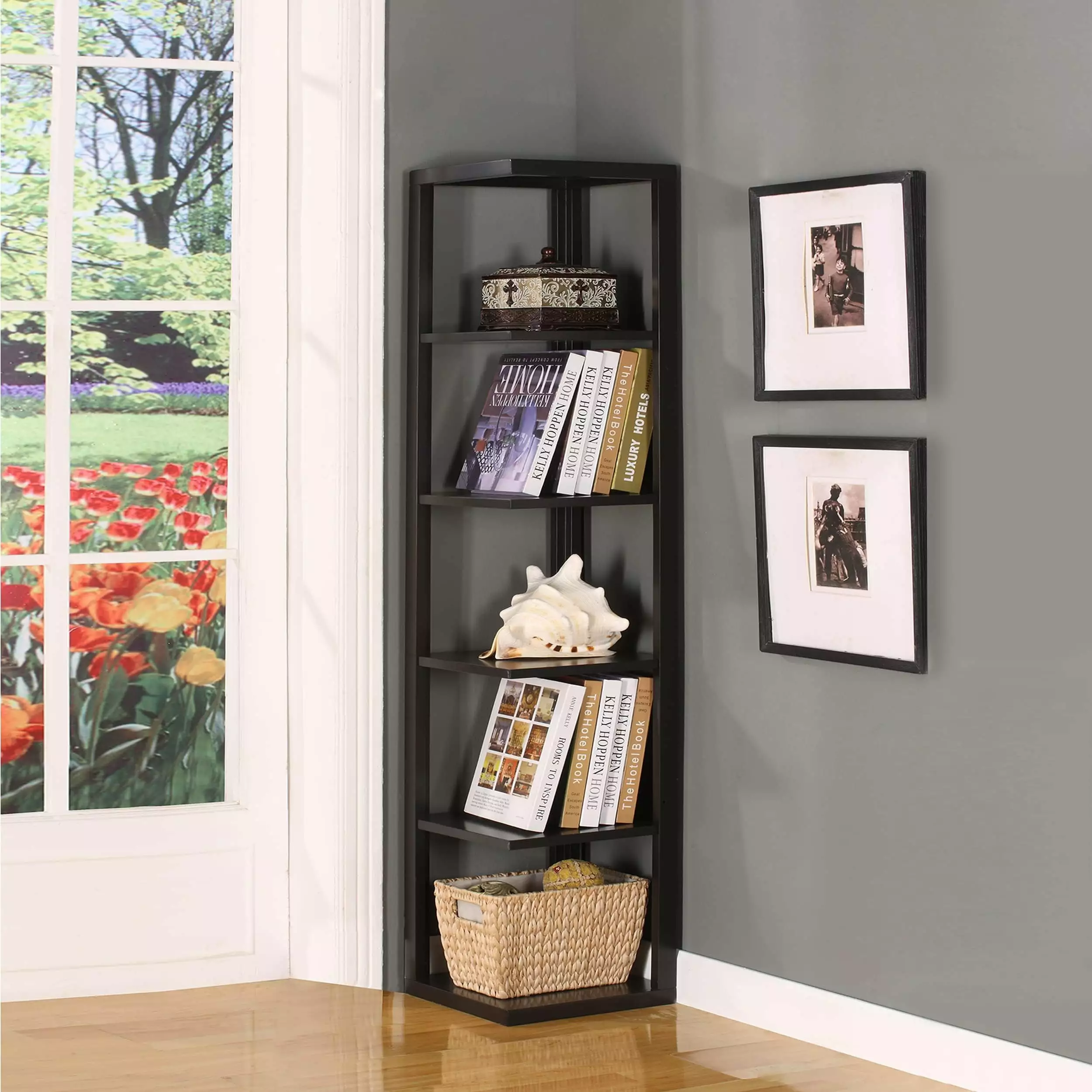 King's Brand Wood Wall Corner 5-Tier Bookshelf Case Espresso Finish Space-Saving Shelf CHONGYAO
