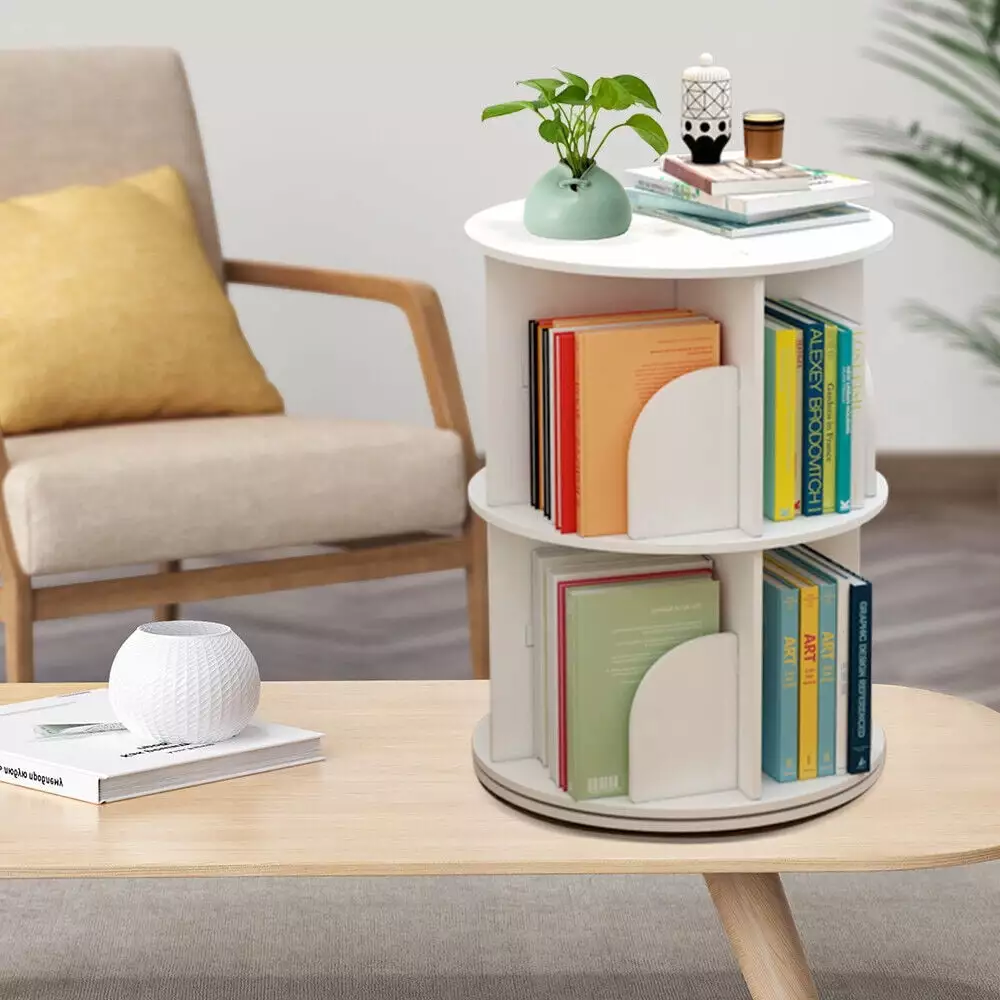 Fichiouy 2 Tier Bookshelf Bookcase Wall Corner 360 Rotating Shelf Books DVD Bedroom