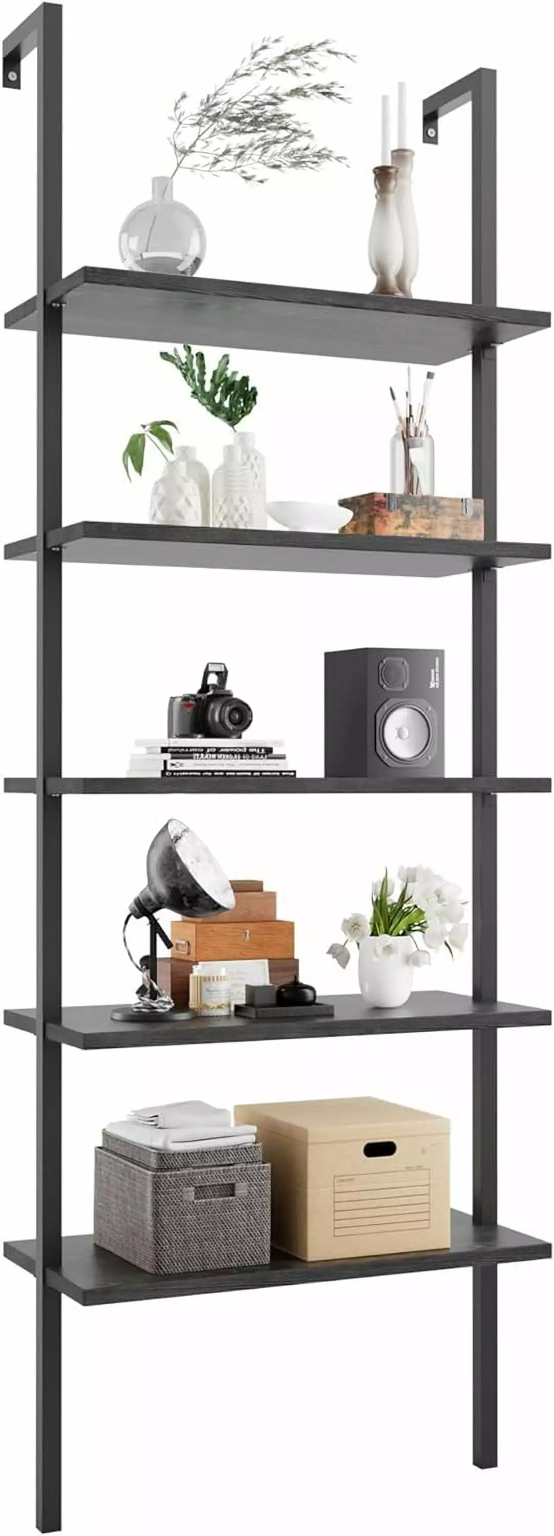 5-Tier Bookshelf Wall Mount Ladder Bookcase Industrial Standing Corner Bookshelf Wood Board and Metal Frame Black ZKQ
