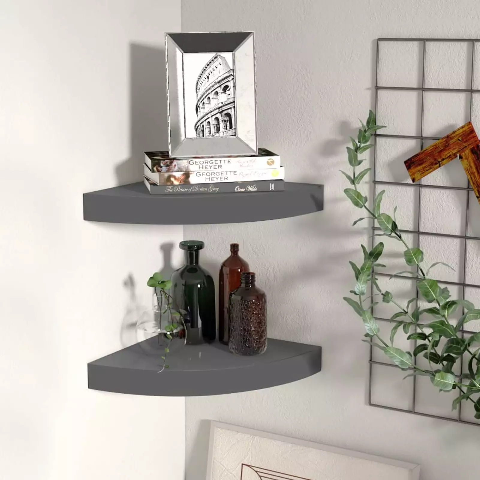 Anself 2 Piece Corner Shelves MDF Wall Mount Photo Display Stand Storage Shelf High Gloss Gray Living Room Bedroom Home Of...