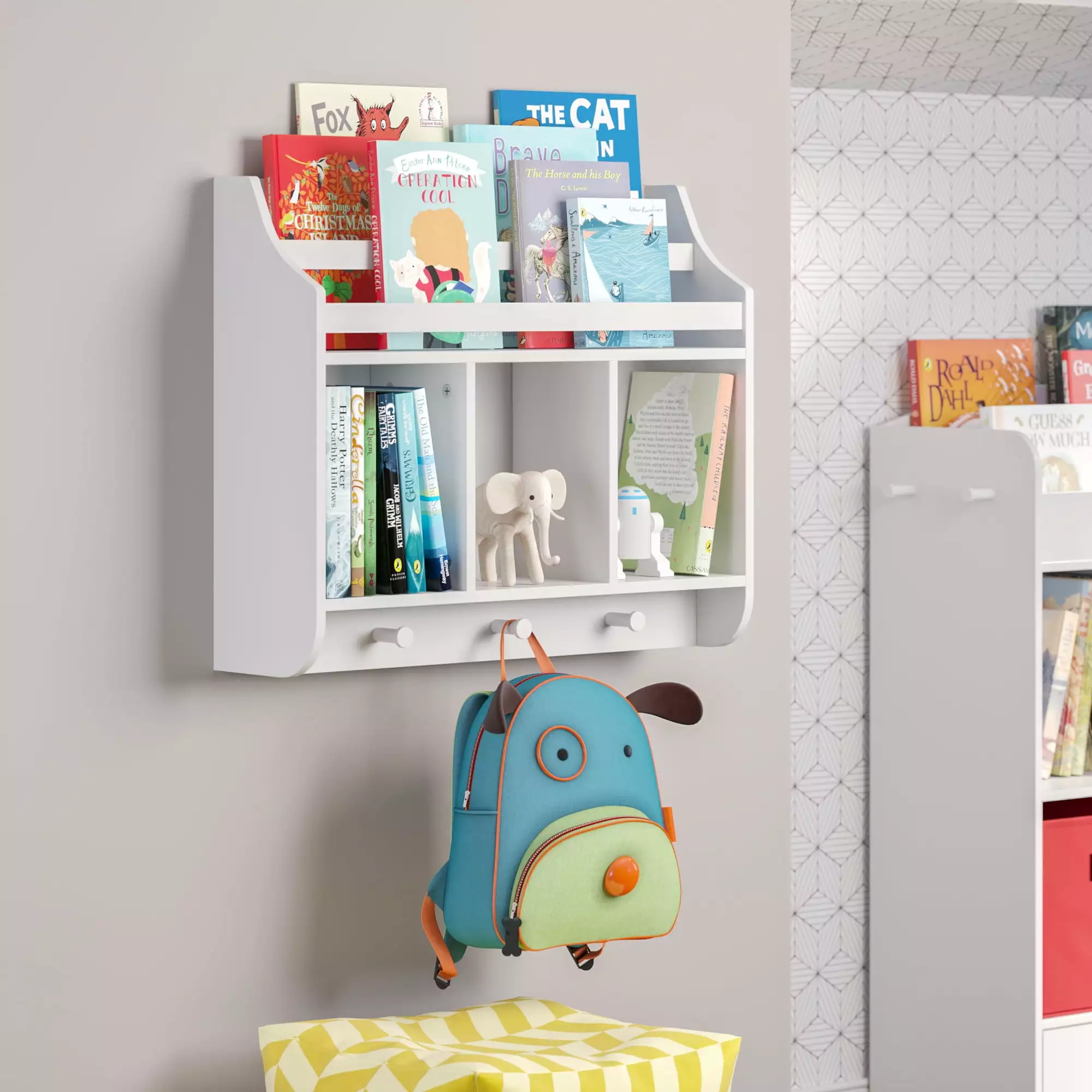 RiverRidge Kids Wall Mounted Bookshelf and Toy Storage Organizer Playroom White