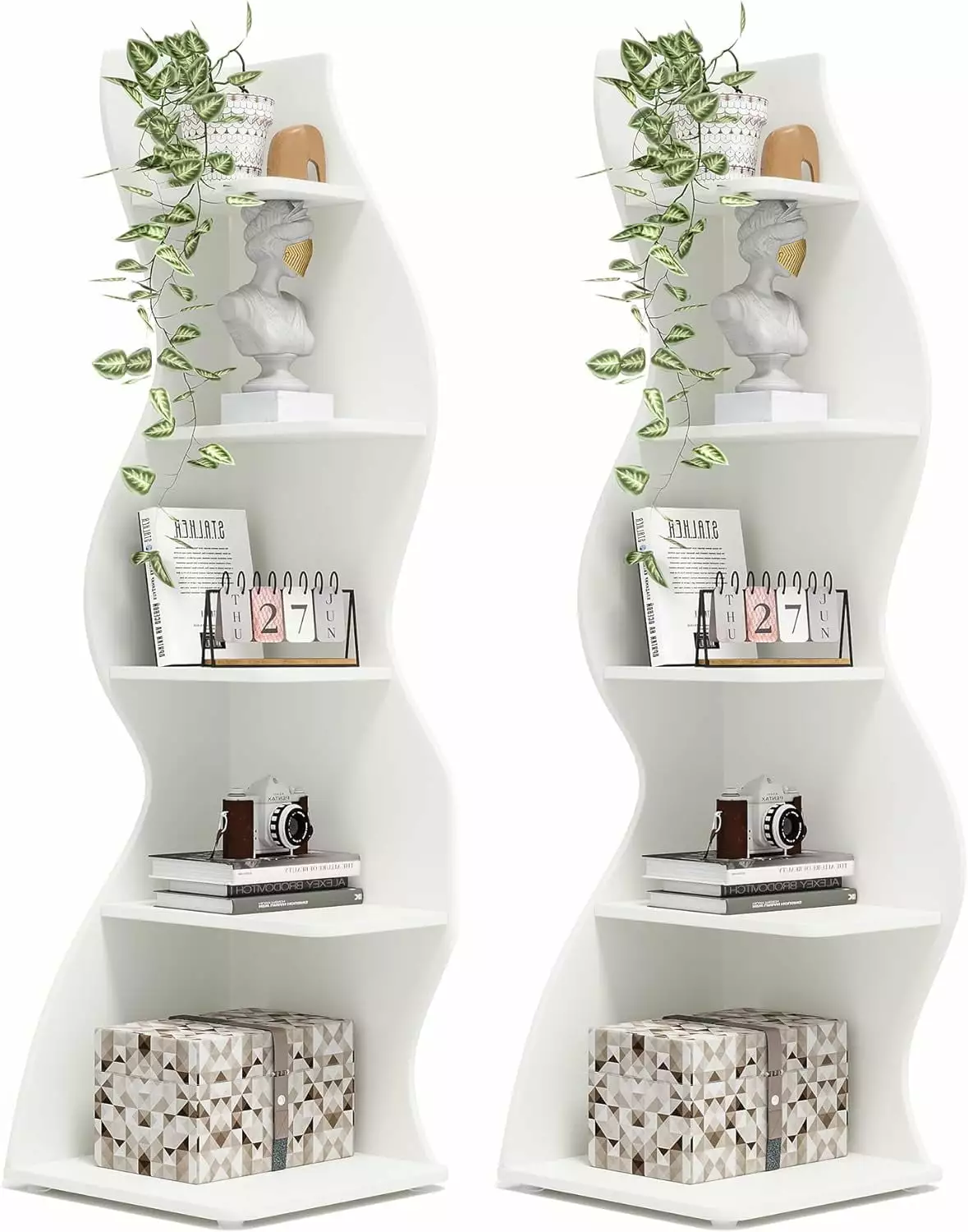 YIYANG Corner Shelf Modern 5-Tier Wall Bookshelf Set Two Small Bookcase Storage Rack Plant Stand Living Room White
