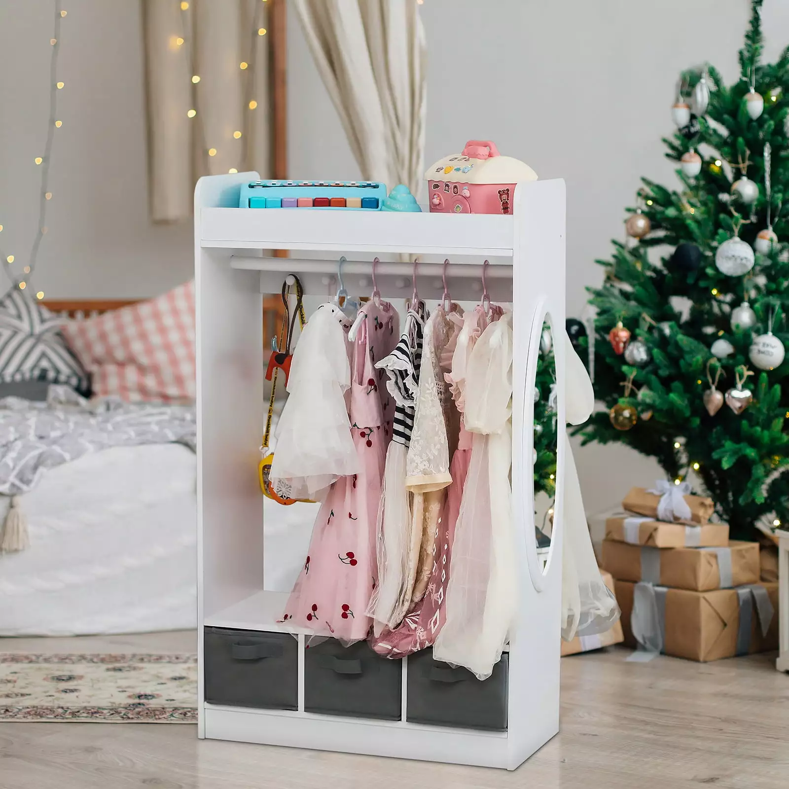 SalonMore Kids Wardrobe Costume Storage Closet Mirror and 3 Drawers Pretend Dresser White