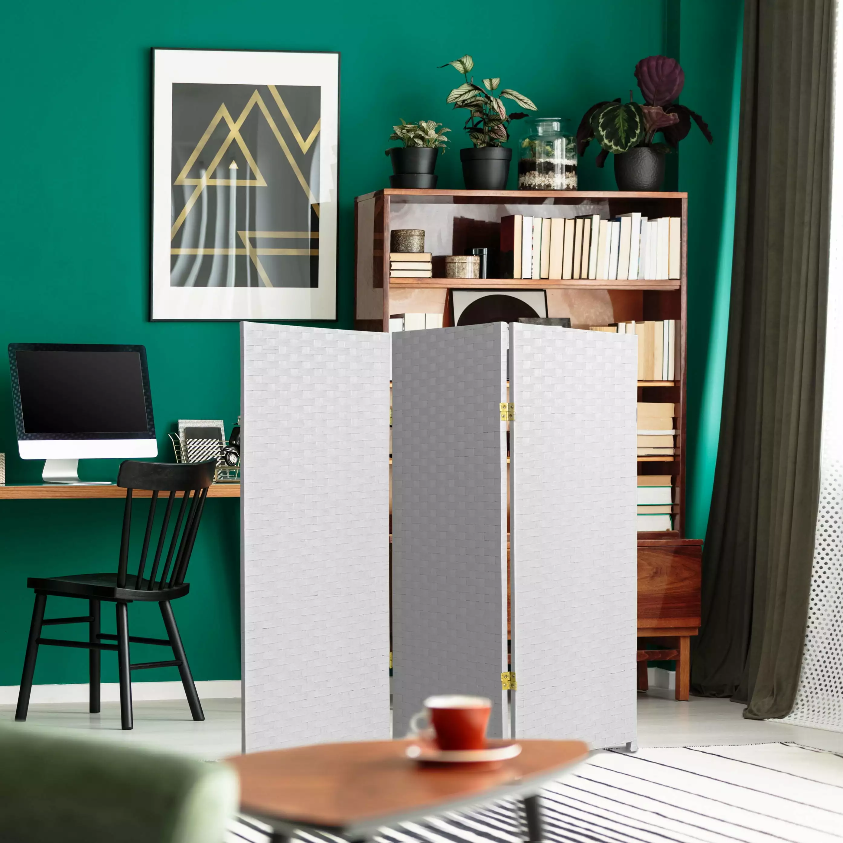 4 ft Tall Color Dyed Fiber Weave Panel Screen Room Divider White 3 Panel Freestanding Partition Oriental Furniture