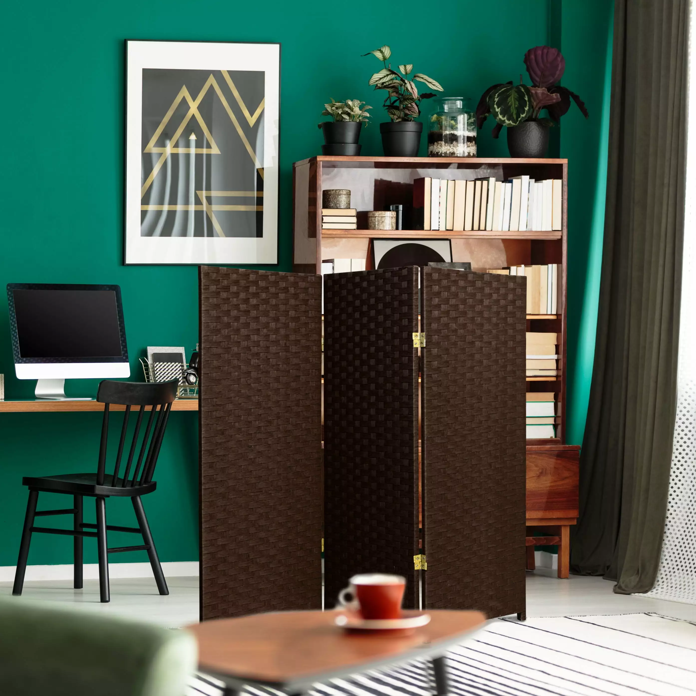 4 ft Tall Color Dyed Fiber Weave Panel Screen Room Divider Dark Mocha 3 Panel Freestanding Partition Oriental Furniture