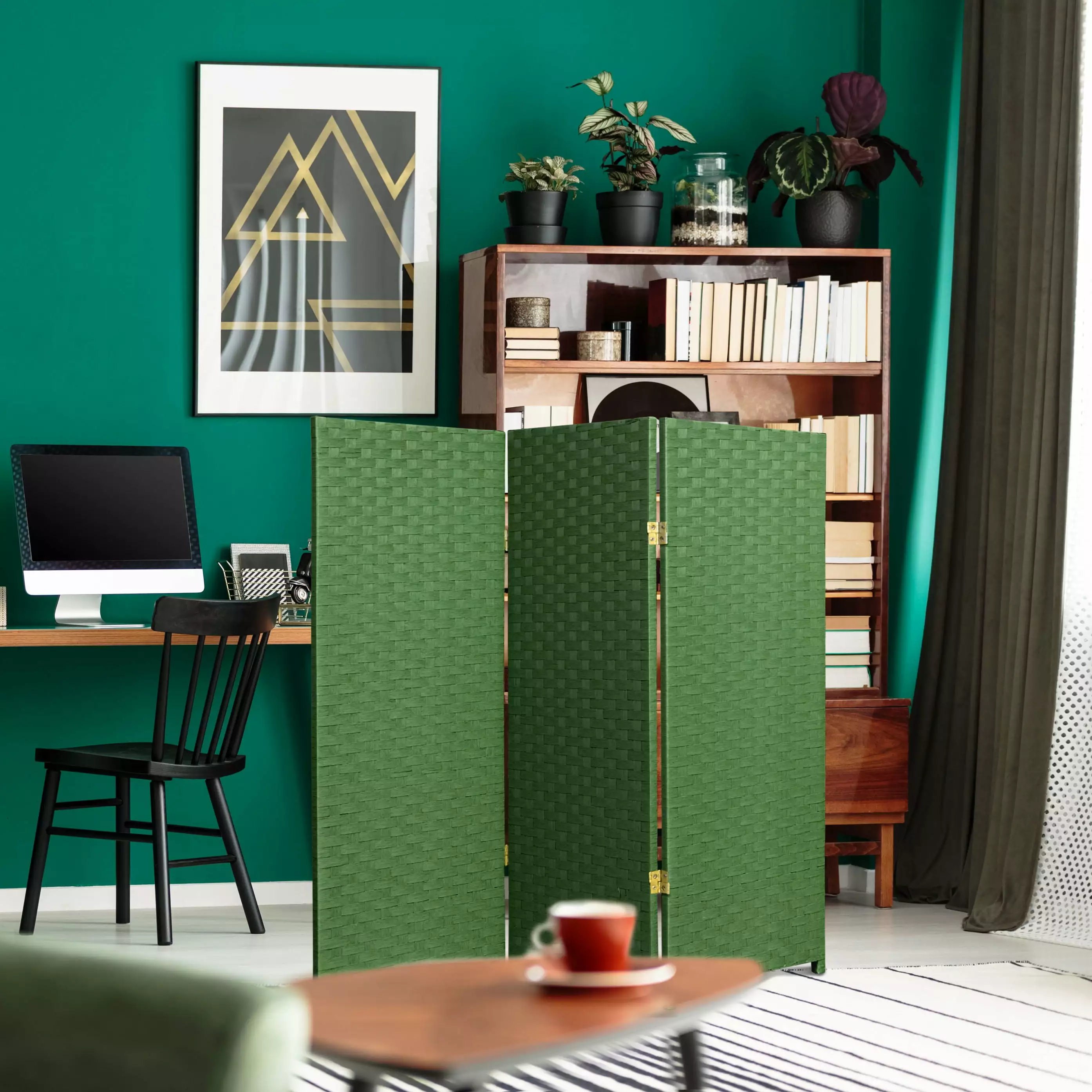 4 ft Tall Light Green Color Dyed Fiber Weave 3-Panel Room Divider Screen Oriental Furniture