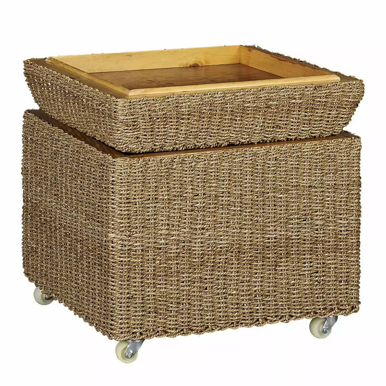 Rolling Seagrass Wicker Storage Seat - Natural Basket Ottoman Wheels Ottomans Household Essentials, LLC