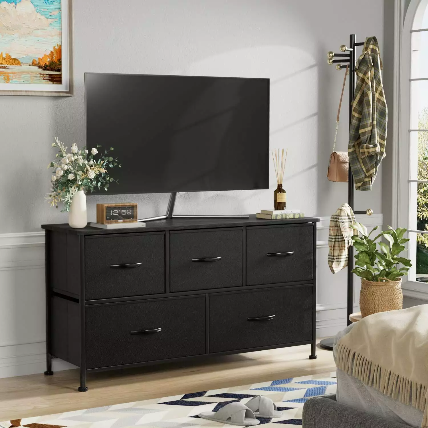 Vineego Dresser Bedroom 5 Drawers Wide Chest Drawers Fabric Dresser Black
