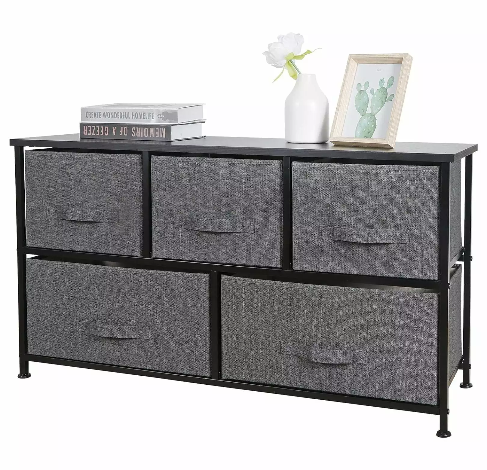 Wide Dresser Storage Tower 5-Drawer Unit Fabric Bins Bedroom Living Room Hallway Closet Office Organization Steel Frame ZH...