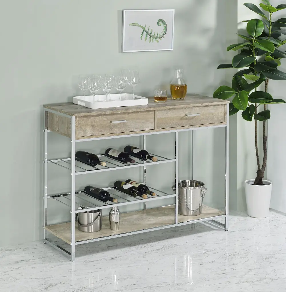 Melrose 2-Shelf Wine Cabinet 2 Drawers Gray Washed Oak and Chrome