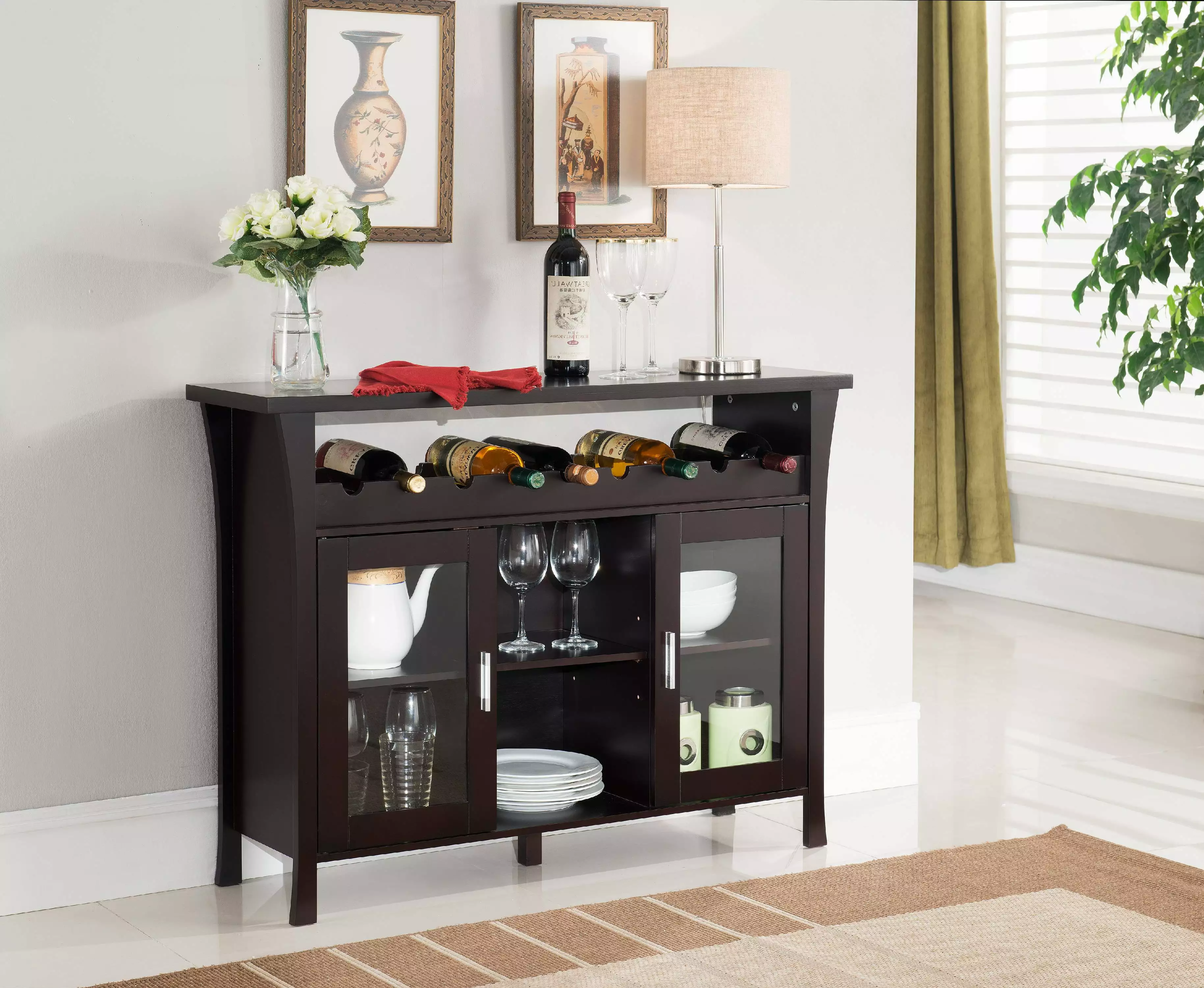 Espresso Wood Contemporary Wine Rack Breakfront Sideboard Display Console Table Glass Storage Doors & Shelf Console Pilast...